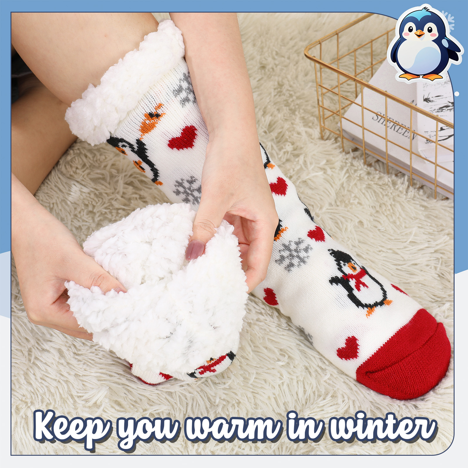 Bocaoying 2 Pack Soft Fuzzy Slipper Socks, Floor Socks with Lining Plush Edge, Penguin and Christmas Design Fluffy Grip Socks, Cozy Warm Socks for Gifts or Home, US 5-9.5