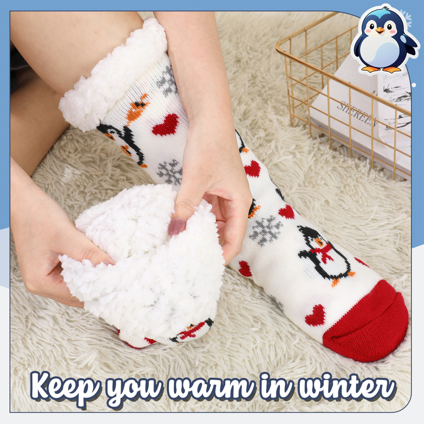 Bocaoying 2 Pack Soft Fuzzy Slipper Socks, Floor Socks with Lining Plush Edge, Penguin and Christmas Design Fluffy Grip Socks, Cozy Warm Socks for Gifts or Home, US 5-9.5
