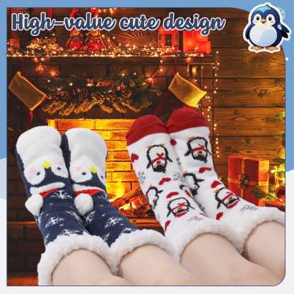 Bocaoying 2 Pack Soft Fuzzy Slipper Socks, Floor Socks with Lining Plush Edge, Penguin and Christmas Design Fluffy Grip Socks, Cozy Warm Socks for Gifts or Home, US 5-9.5
