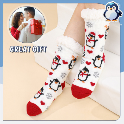 Bocaoying 2 Pack Soft Fuzzy Slipper Socks, Floor Socks with Lining Plush Edge, Penguin and Christmas Design Fluffy Grip Socks, Cozy Warm Socks for Gifts or Home, US 5-9.5