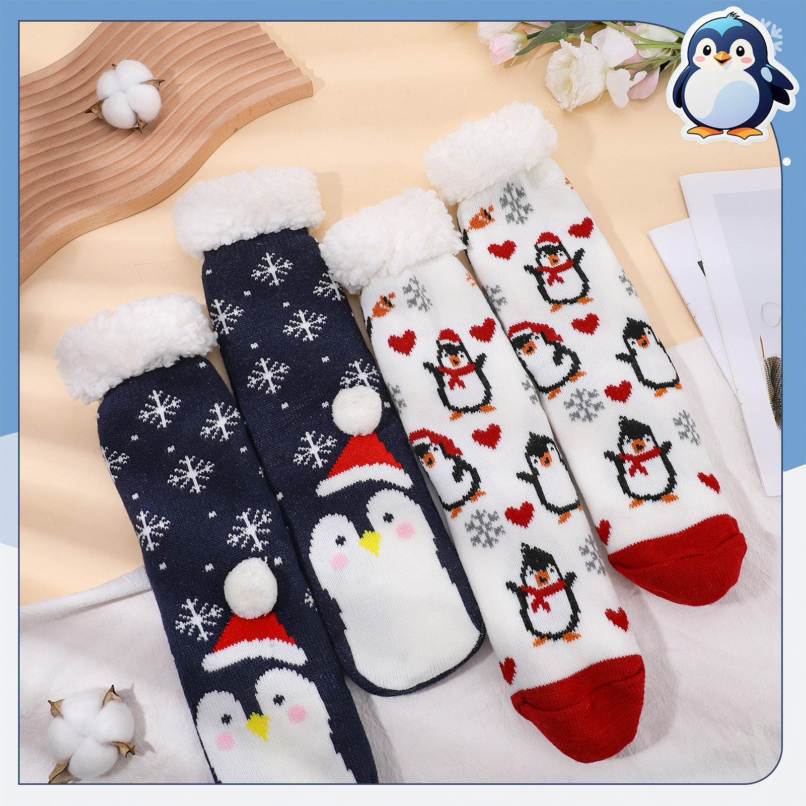 Bocaoying 2 Pack Soft Fuzzy Slipper Socks, Floor Socks with Lining Plush Edge, Penguin and Christmas Design Fluffy Grip Socks, Cozy Warm Socks for Gifts or Home, US 5-9.5