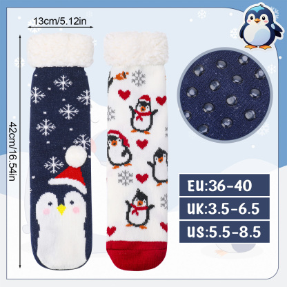 Bocaoying 2 Pack Soft Fuzzy Slipper Socks, Floor Socks with Lining Plush Edge, Penguin and Christmas Design Fluffy Grip Socks, Cozy Warm Socks for Gifts or Home, US 5-9.5