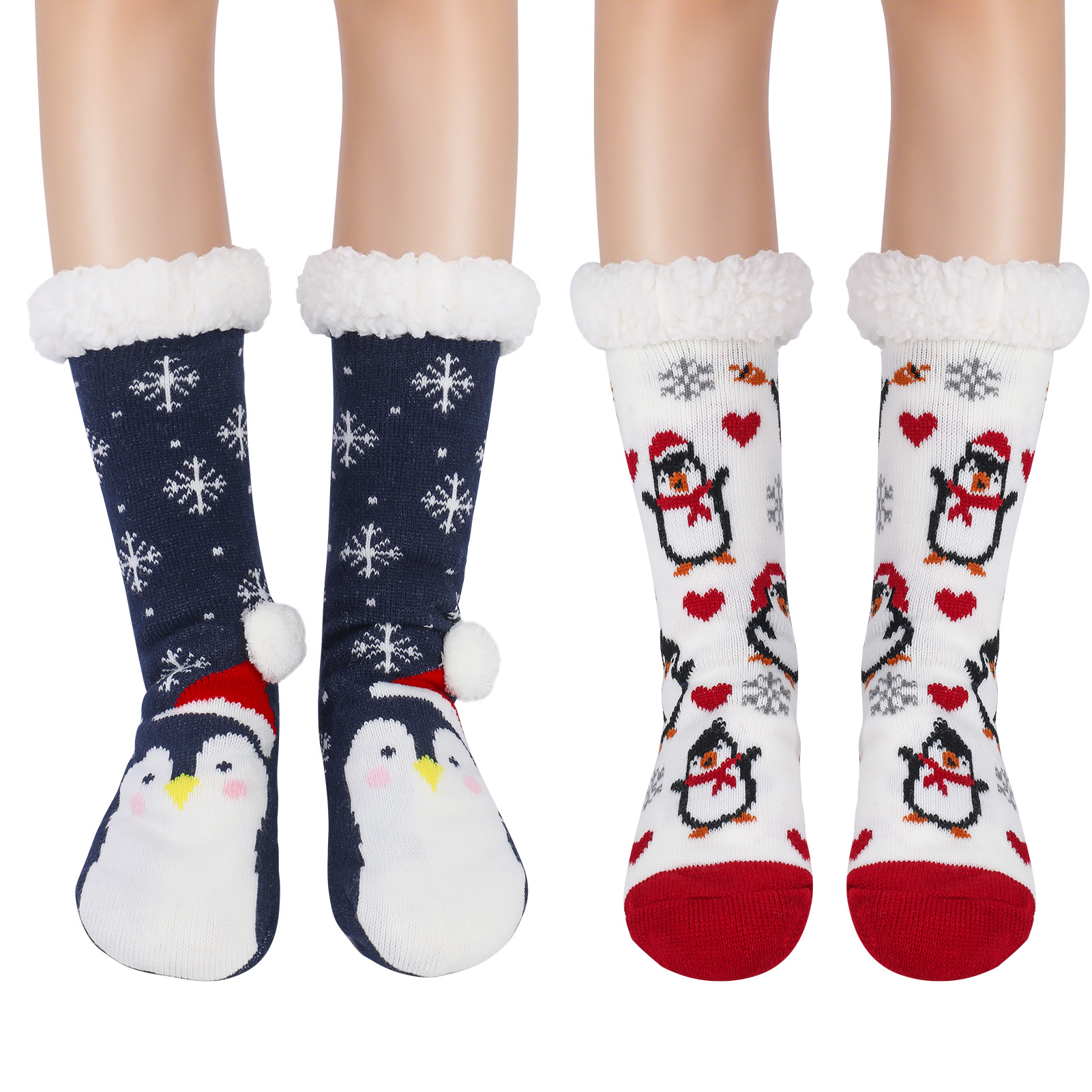 Bocaoying 2 Pack Soft Fuzzy Slipper Socks, Floor Socks with Lining Plush Edge, Penguin and Christmas Design Fluffy Grip Socks, Cozy Warm Socks for Gifts or Home, US 5-9.5