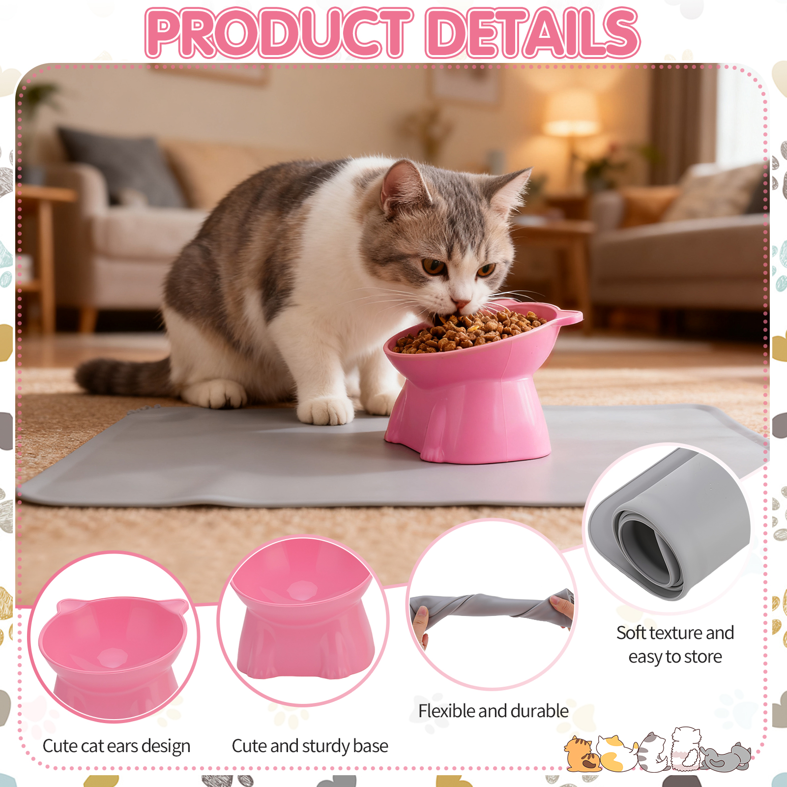 shuaien 3 Pcs Raised Cat Food Bowls with Silicone Mat, 15-Degree Tilted Elevated Cat Bowls for Indoor Cats, Backflow Prevention Anti-Vomiting Whisker Friendly PP Cat Food Bowl for Kitten Puppies