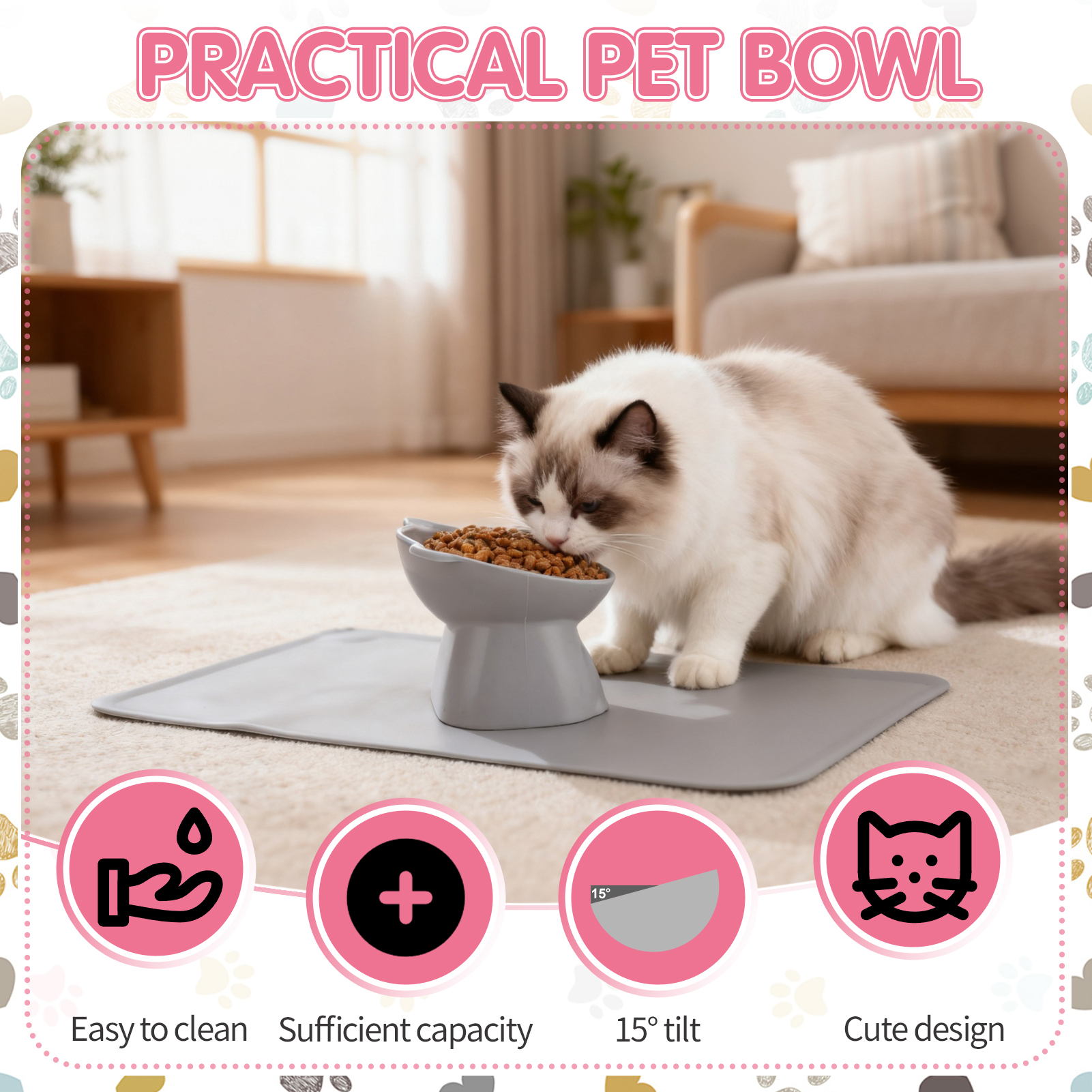 shuaien 3 Pcs Raised Cat Food Bowls with Silicone Mat, 15-Degree Tilted Elevated Cat Bowls for Indoor Cats, Backflow Prevention Anti-Vomiting Whisker Friendly PP Cat Food Bowl for Kitten Puppies