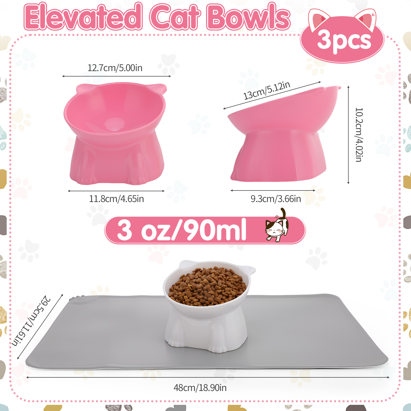 shuaien 3 Pcs Raised Cat Food Bowls with Silicone Mat, 15-Degree Tilted Elevated Cat Bowls for Indoor Cats, Backflow Prevention Anti-Vomiting Whisker Friendly PP Cat Food Bowl for Kitten Puppies