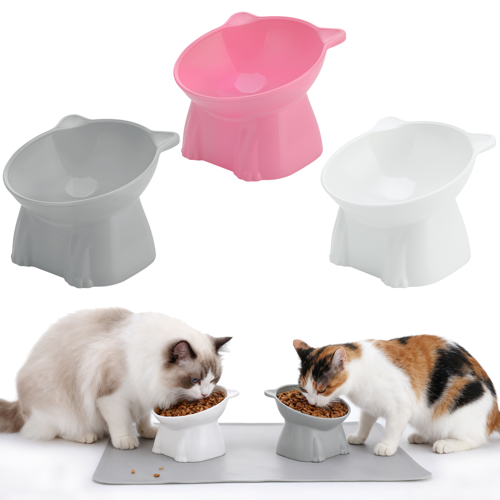 shuaien 3 Pcs Raised Cat Food Bowls with Silicone Mat, 15-Degree Tilted Elevated Cat Bowls for Indoor Cats, Backflow Prevention Anti-Vomiting Whisker Friendly PP Cat Food Bowl for Kitten Puppies