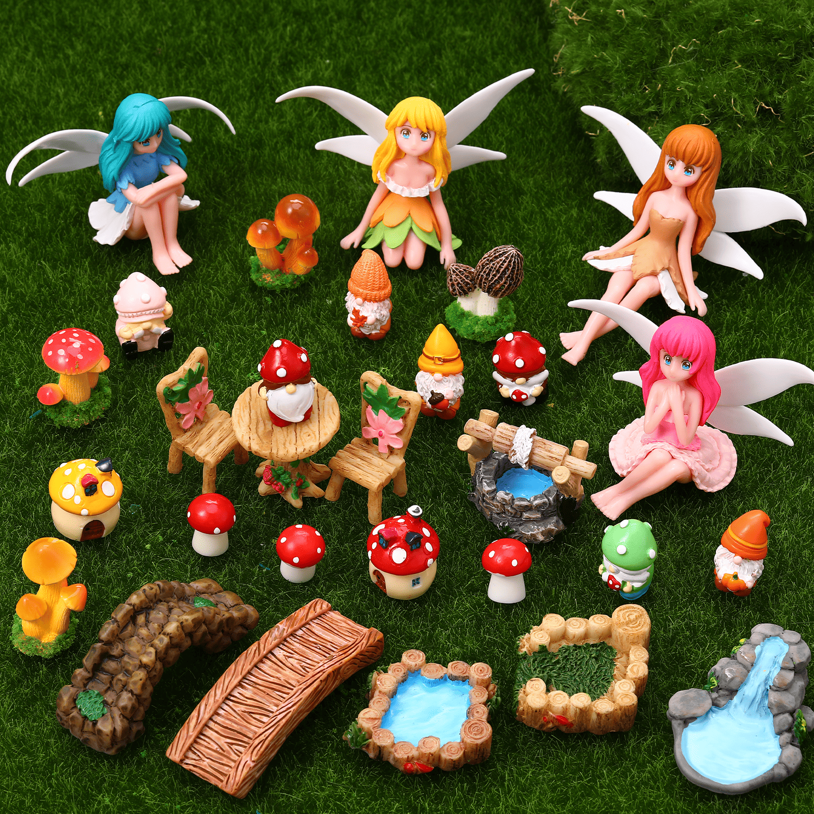 topjuju 29 Pcs Miniatures Fairy Garden Accessories, Mini Resin Fairy Figurines, Cute Tiny Gnome Mushroom Bridge Chairs for DIY Home Outdoor Micro Landscape Terrarium Ornaments