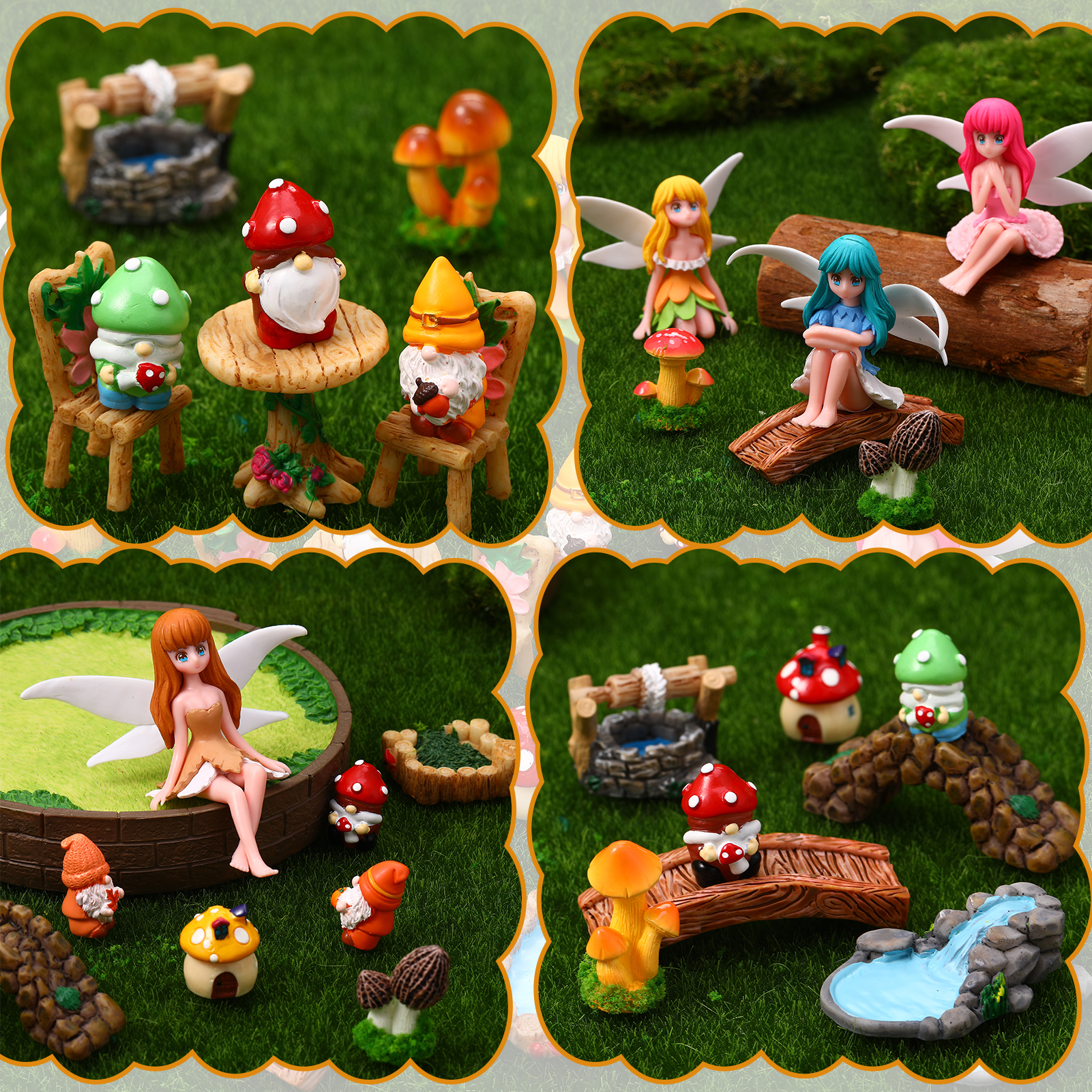 topjuju 29 Pcs Miniatures Fairy Garden Accessories, Mini Resin Fairy Figurines, Cute Tiny Gnome Mushroom Bridge Chairs for DIY Home Outdoor Micro Landscape Terrarium Ornaments