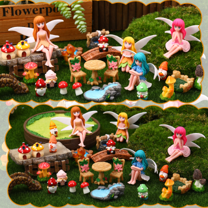 topjuju 29 Pcs Miniatures Fairy Garden Accessories, Mini Resin Fairy Figurines, Cute Tiny Gnome Mushroom Bridge Chairs for DIY Home Outdoor Micro Landscape Terrarium Ornaments