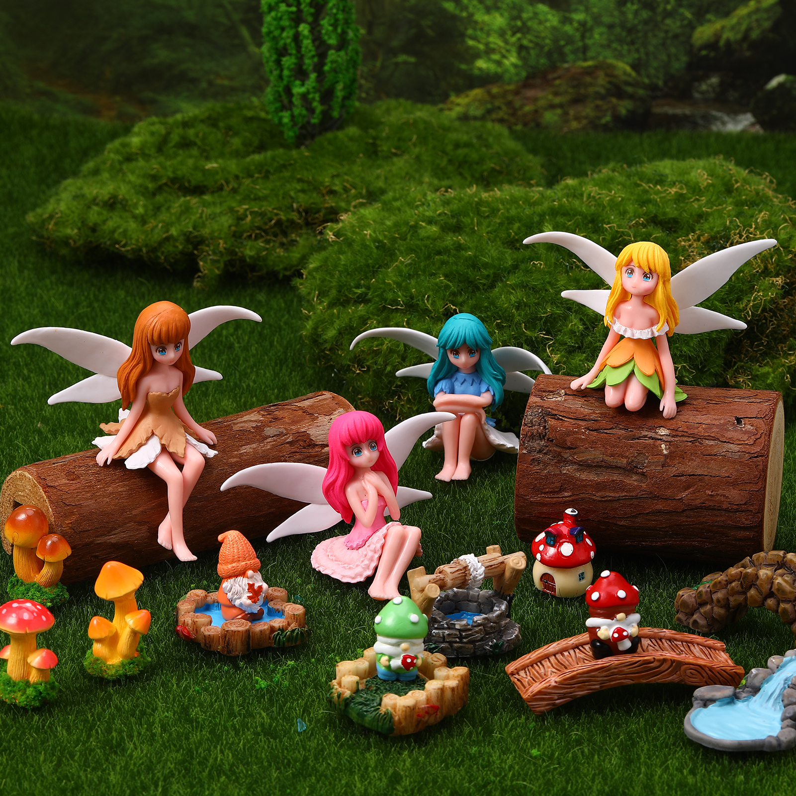 topjuju 29 Pcs Miniatures Fairy Garden Accessories, Mini Resin Fairy Figurines, Cute Tiny Gnome Mushroom Bridge Chairs for DIY Home Outdoor Micro Landscape Terrarium Ornaments