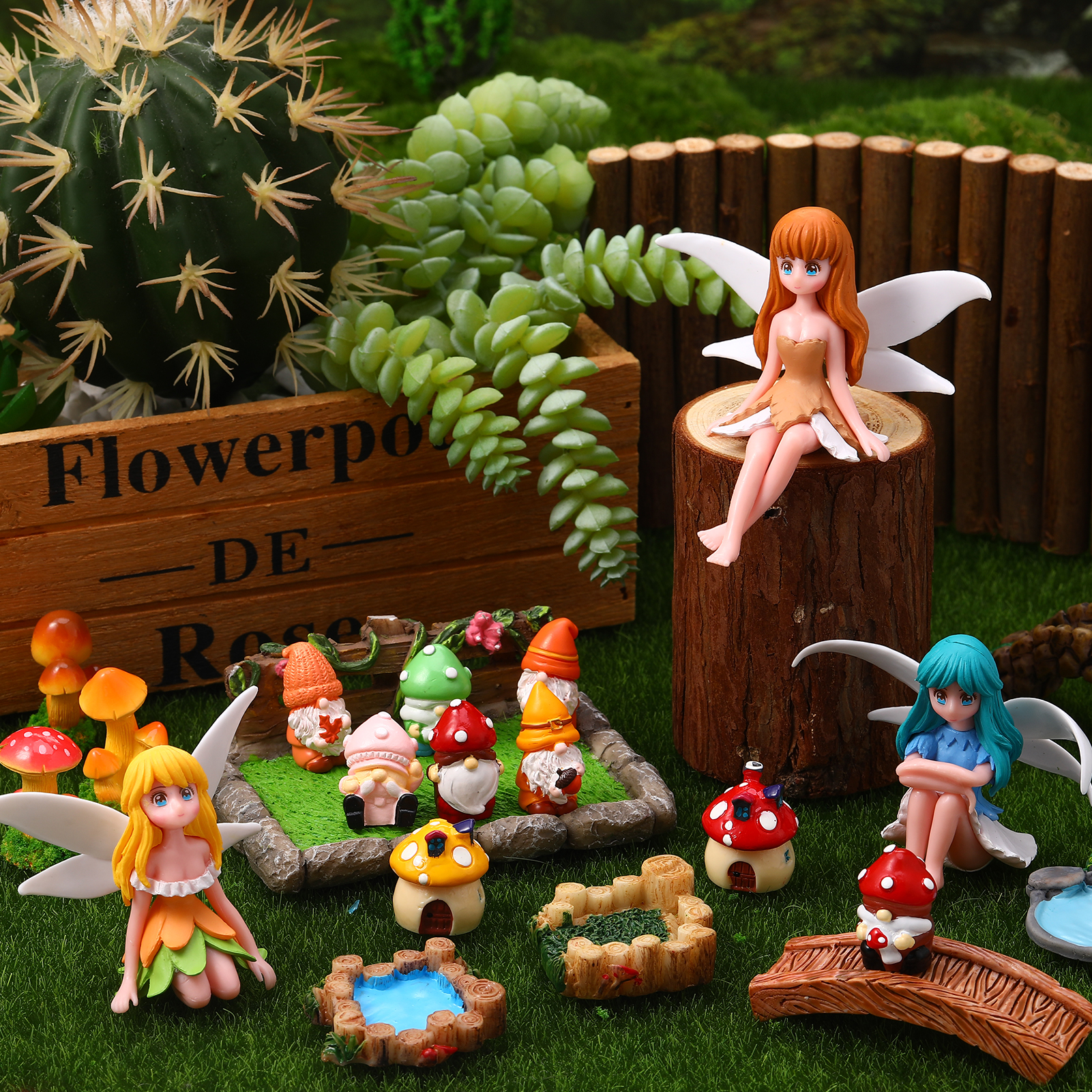 topjuju 29 Pcs Miniatures Fairy Garden Accessories, Mini Resin Fairy Figurines, Cute Tiny Gnome Mushroom Bridge Chairs for DIY Home Outdoor Micro Landscape Terrarium Ornaments