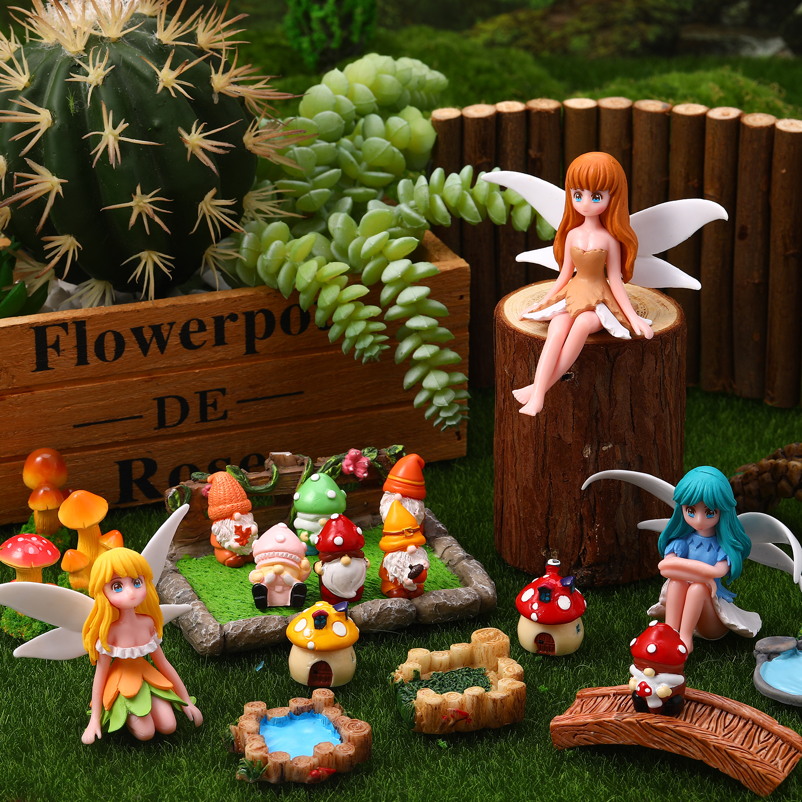 topjuju 29 Pcs Miniatures Fairy Garden Accessories, Mini Resin Fairy Figurines, Cute Tiny Gnome Mushroom Bridge Chairs for DIY Home Outdoor Micro Landscape Terrarium Ornaments