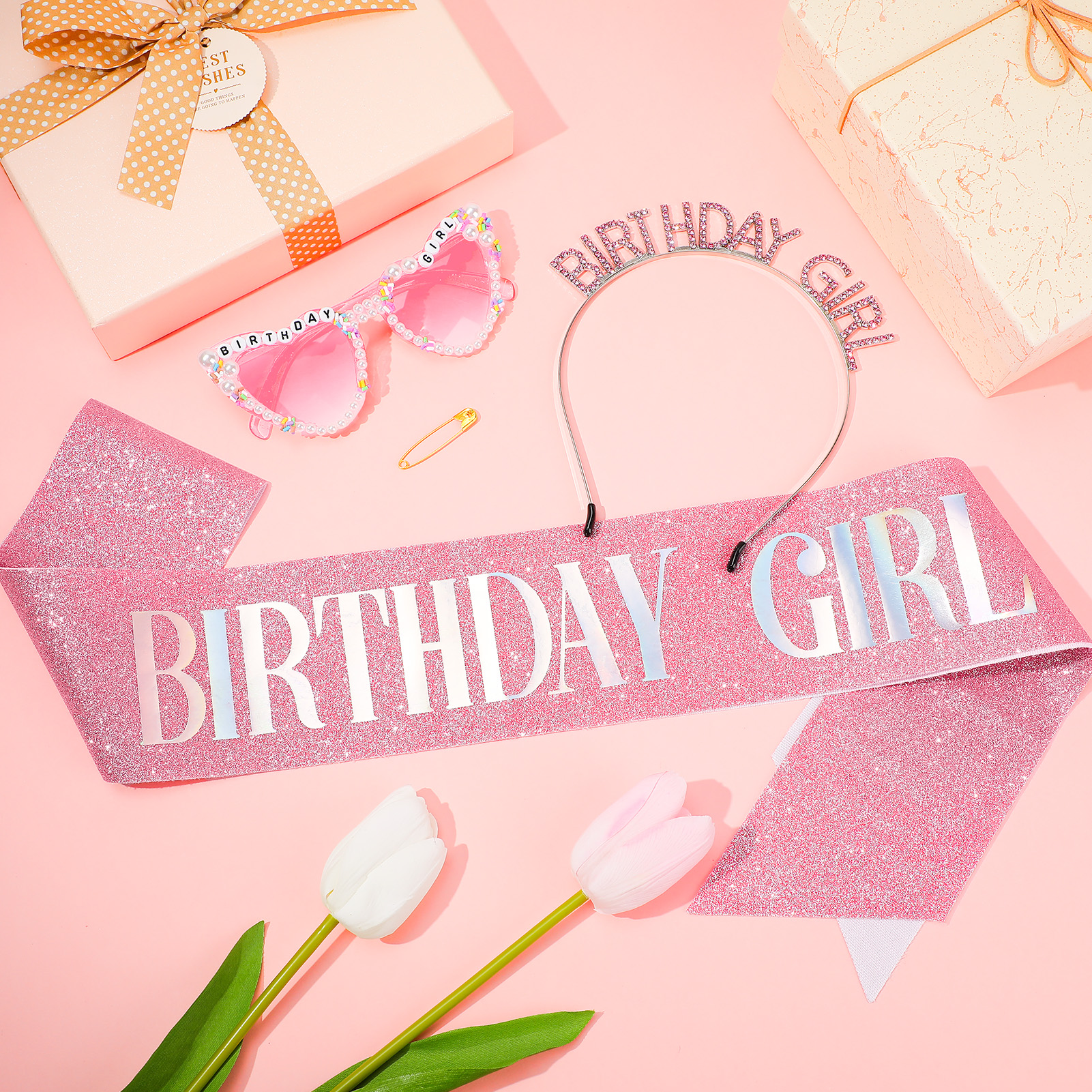 sixwipe Birthday Sash for Women Girls, Glitter Crown and Sash Kit with Happy Birthday Sunglasses, Birthday Queen Headband Tiara, Pink Princess Birthday Party Decorations Accessories