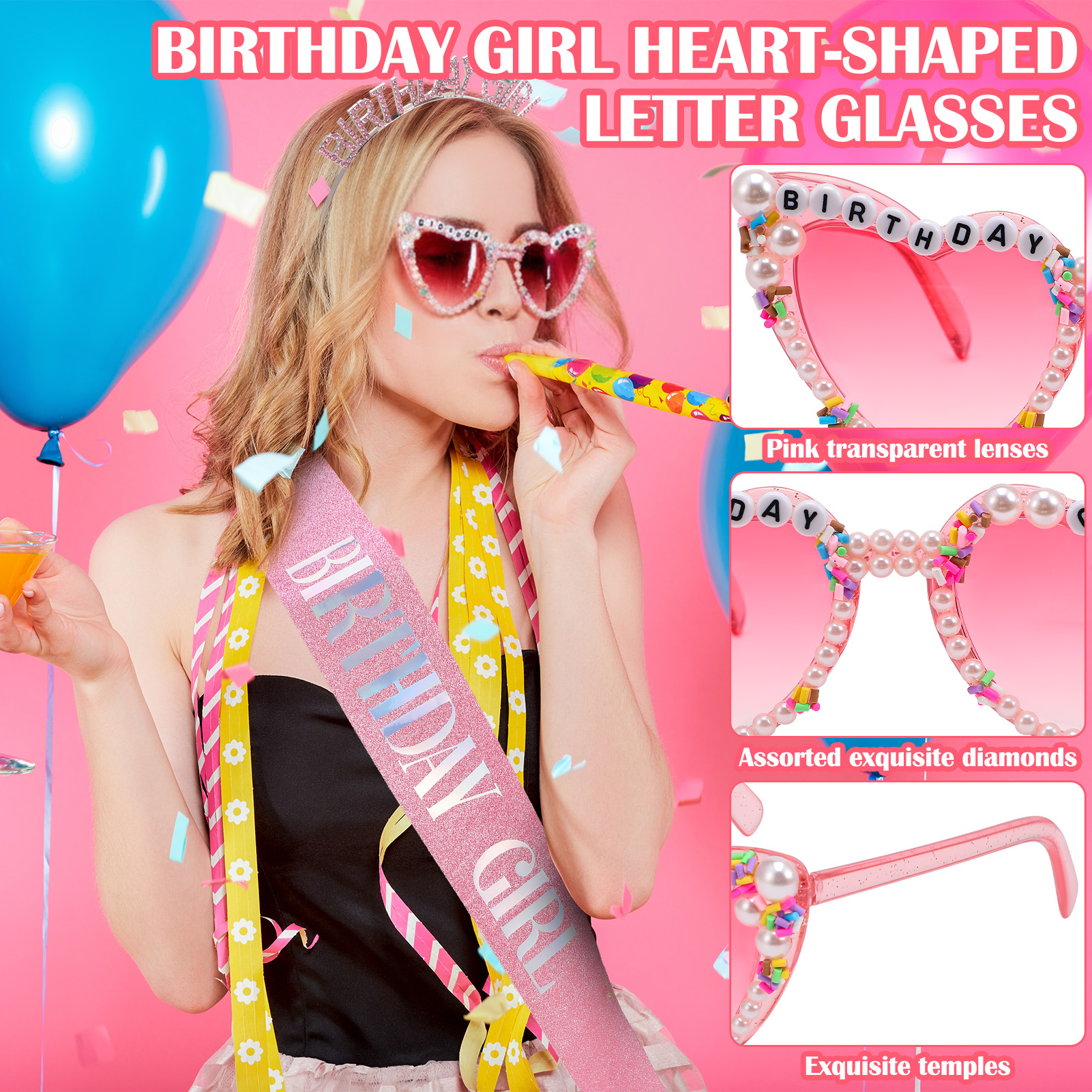sixwipe Birthday Sash for Women Girls, Glitter Crown and Sash Kit with Happy Birthday Sunglasses, Birthday Queen Headband Tiara, Pink Princess Birthday Party Decorations Accessories