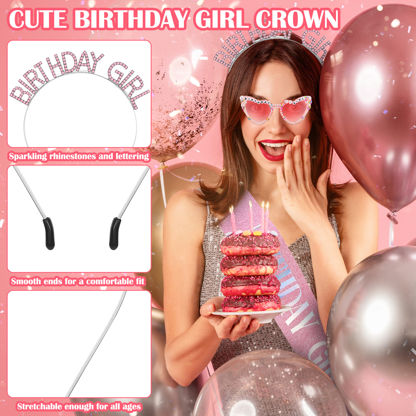 sixwipe Birthday Sash for Women Girls, Glitter Crown and Sash Kit with Happy Birthday Sunglasses, Birthday Queen Headband Tiara, Pink Princess Birthday Party Decorations Accessories