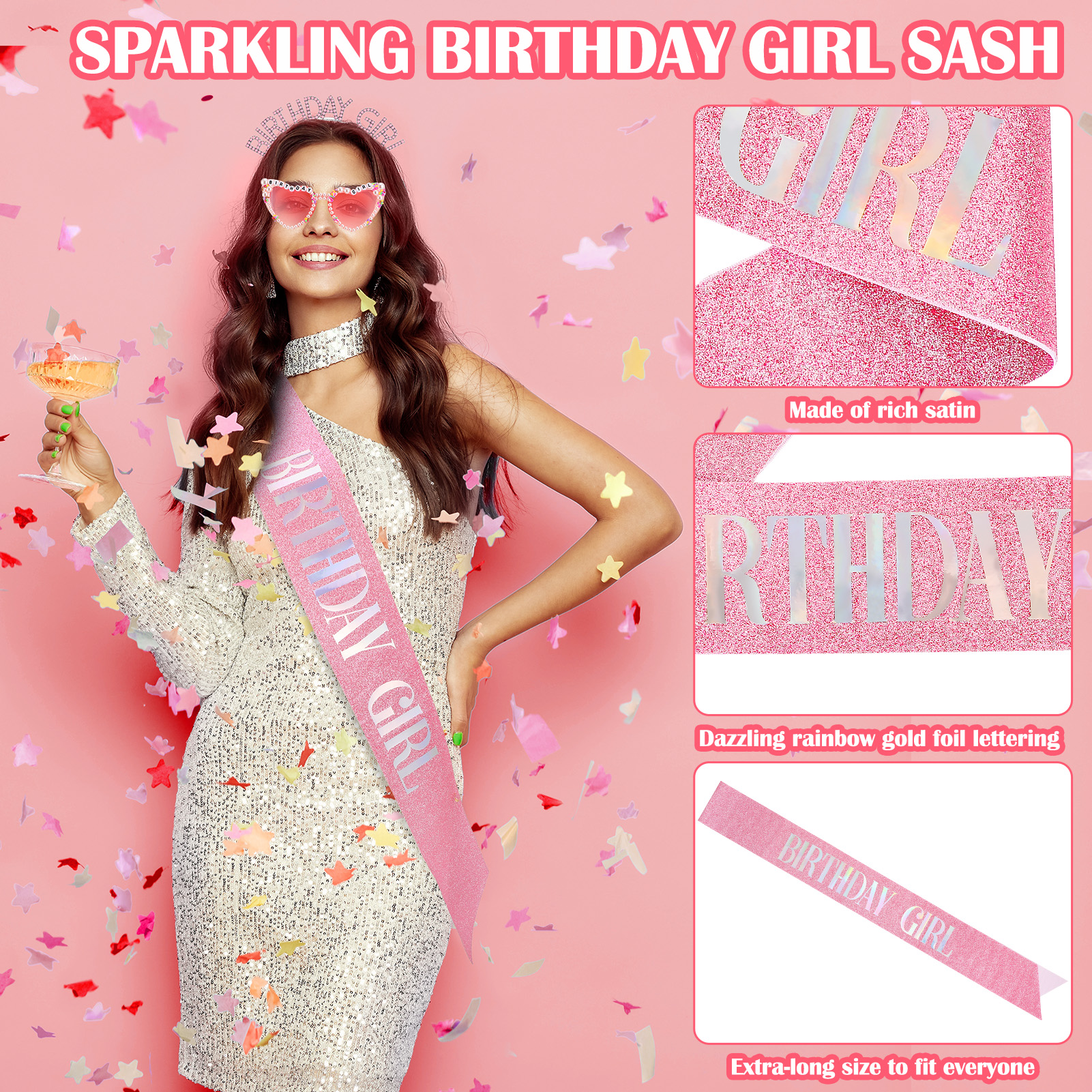 sixwipe Birthday Sash for Women Girls, Glitter Crown and Sash Kit with Happy Birthday Sunglasses, Birthday Queen Headband Tiara, Pink Princess Birthday Party Decorations Accessories