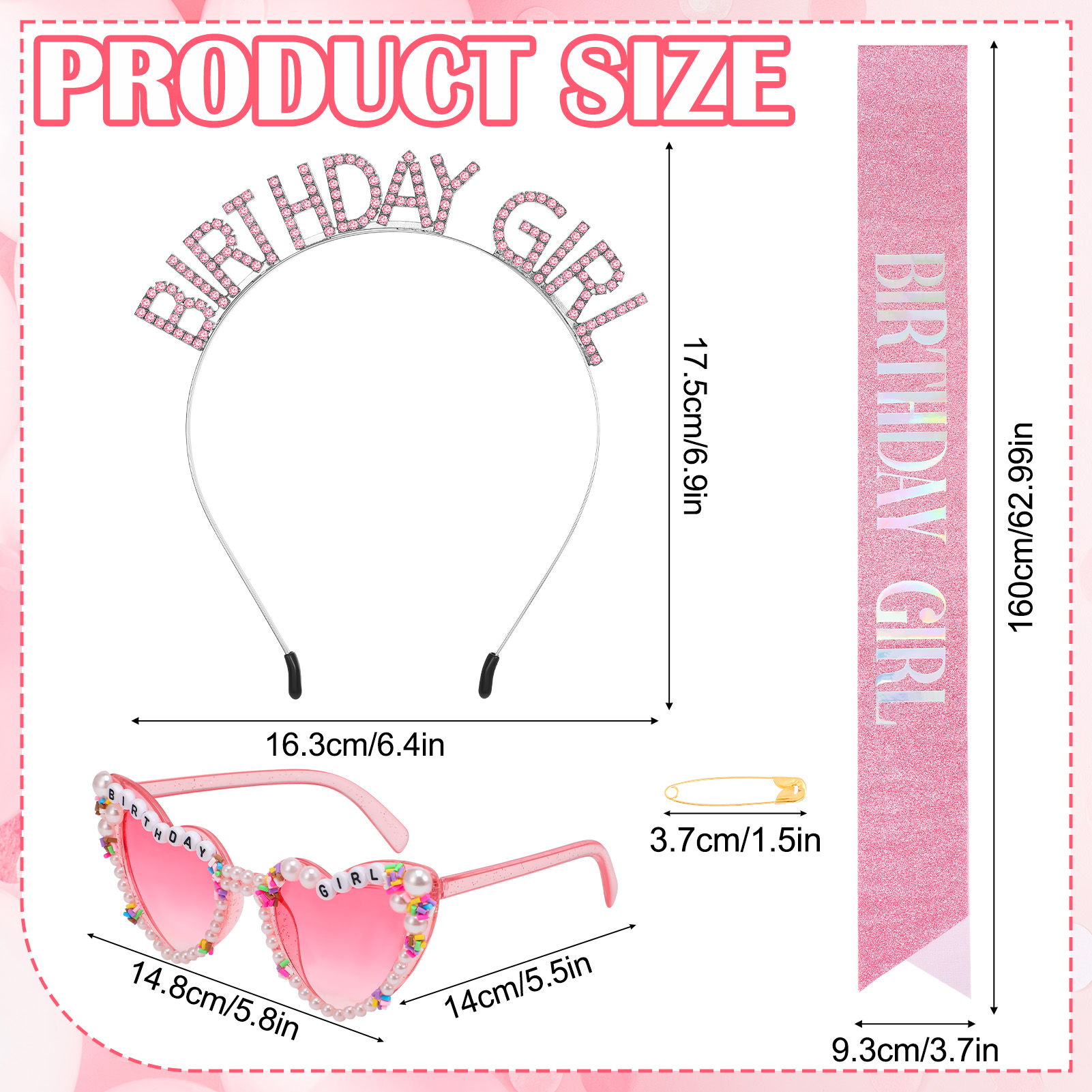 sixwipe Birthday Sash for Women Girls, Glitter Crown and Sash Kit with Happy Birthday Sunglasses, Birthday Queen Headband Tiara, Pink Princess Birthday Party Decorations Accessories