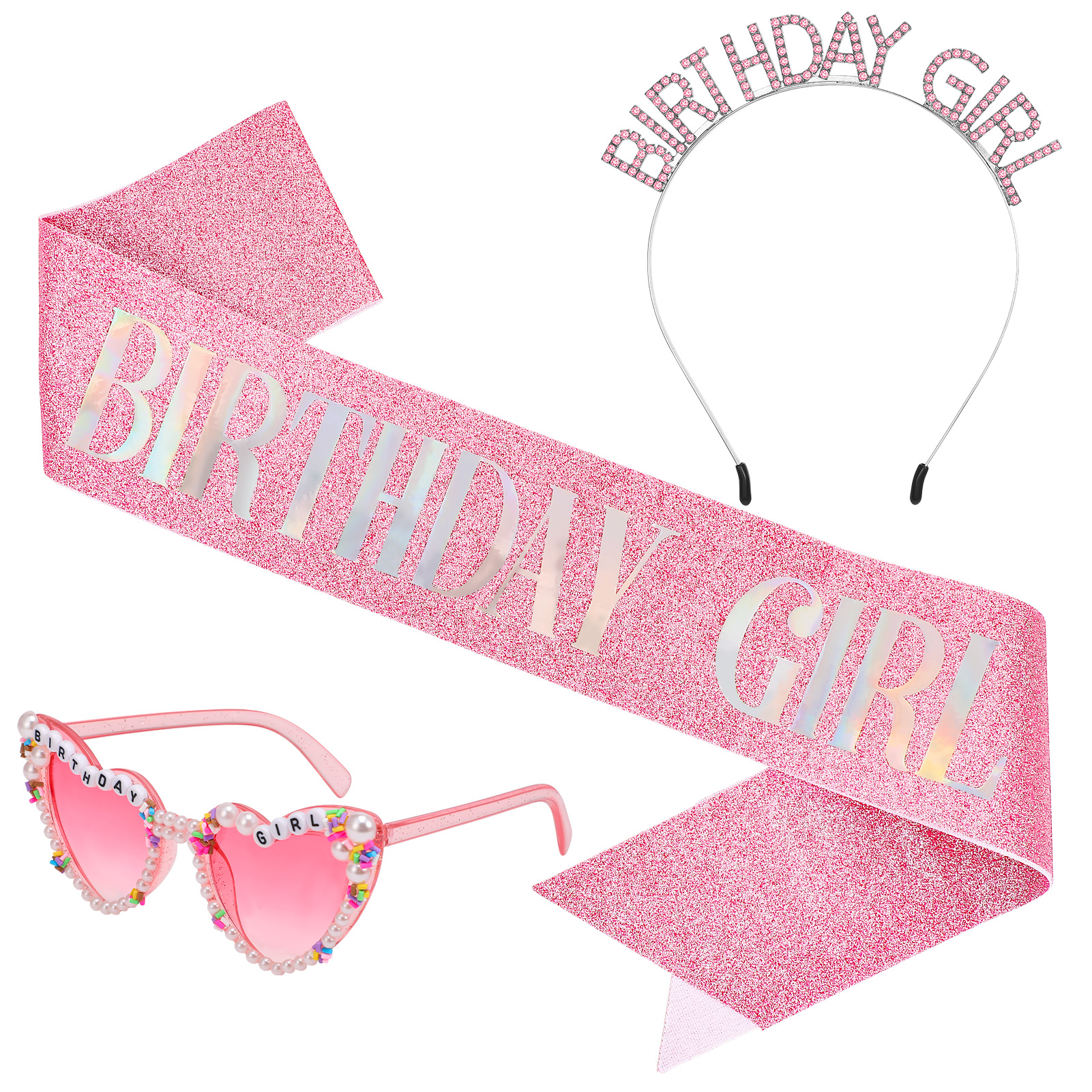sixwipe Birthday Sash for Women Girls, Glitter Crown and Sash Kit with Happy Birthday Sunglasses, Birthday Queen Headband Tiara, Pink Princess Birthday Party Decorations Accessories