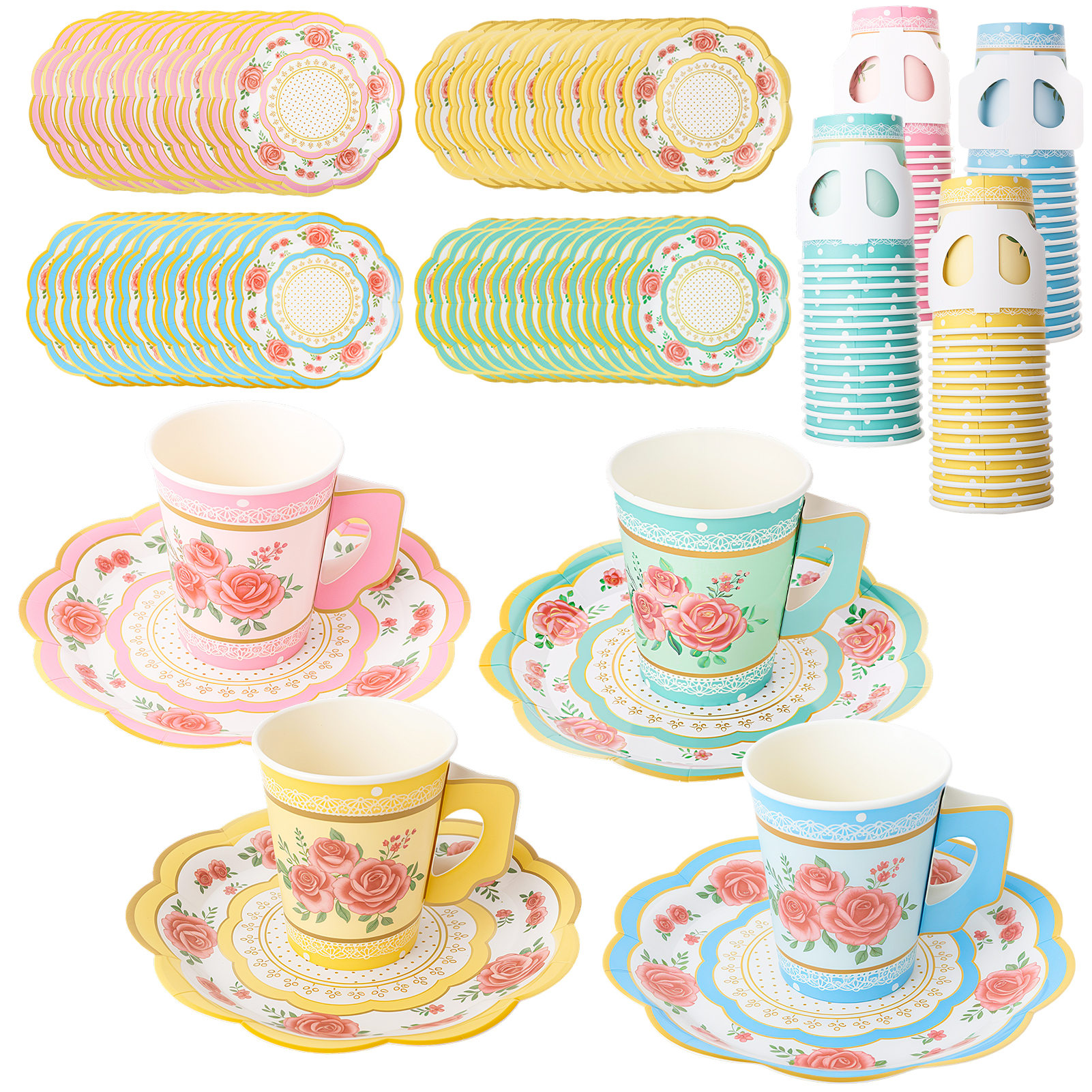 sixwipe 60 Set Disposable Paper Tea Cups and Saucers, 4 Style Floral Tea Party Supplies, 9 oz Cups and Plates with Handle for Birthday, Princess, Floral, Mother's Day, Tea Party Decorations