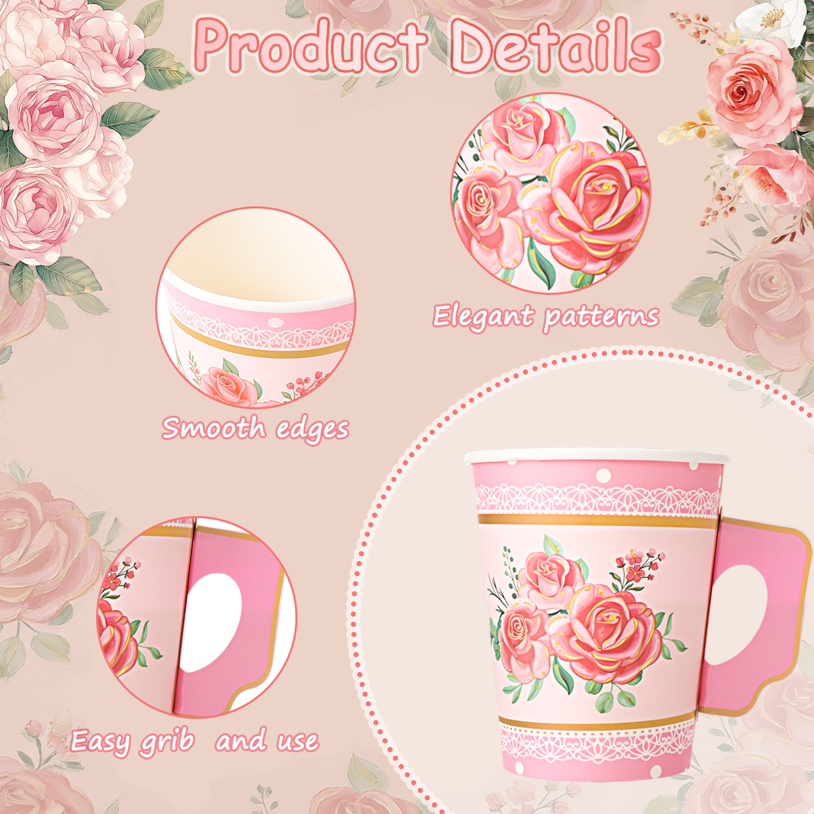 sixwipe 60 Set Disposable Paper Tea Cups and Saucers, 4 Style Floral Tea Party Supplies, 9 oz Cups and Plates with Handle for Birthday, Princess, Floral, Mother's Day, Tea Party Decorations