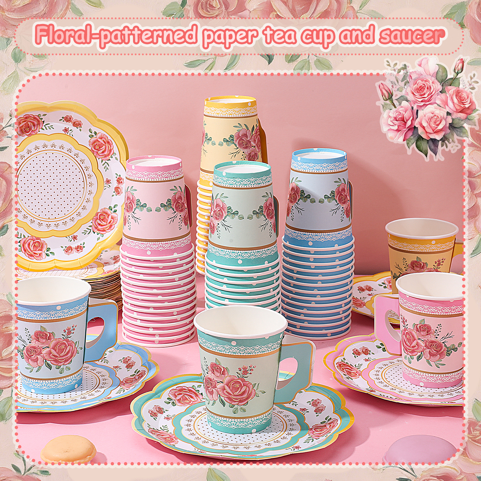sixwipe 60 Set Disposable Paper Tea Cups and Saucers, 4 Style Floral Tea Party Supplies, 9 oz Cups and Plates with Handle for Birthday, Princess, Floral, Mother's Day, Tea Party Decorations