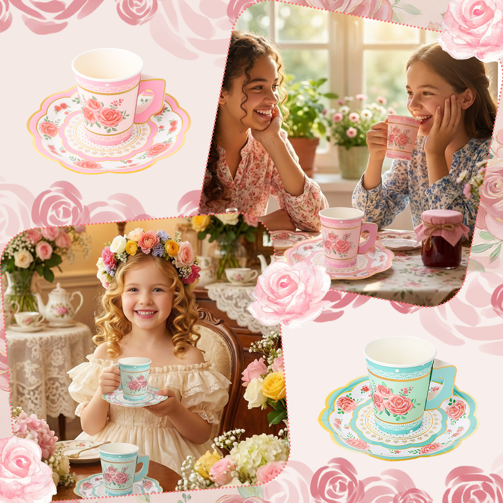sixwipe 60 Set Disposable Paper Tea Cups and Saucers, 4 Style Floral Tea Party Supplies, 9 oz Cups and Plates with Handle for Birthday, Princess, Floral, Mother's Day, Tea Party Decorations