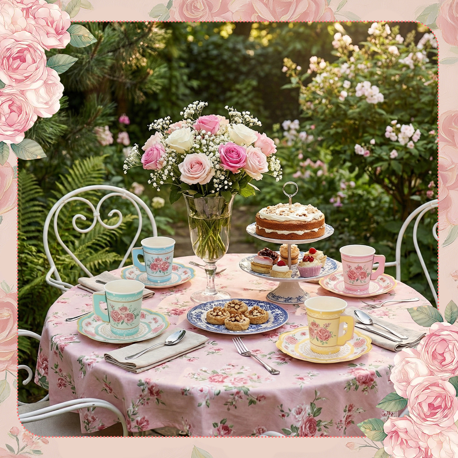 sixwipe 60 Set Disposable Paper Tea Cups and Saucers, 4 Style Floral Tea Party Supplies, 9 oz Cups and Plates with Handle for Birthday, Princess, Floral, Mother's Day, Tea Party Decorations
