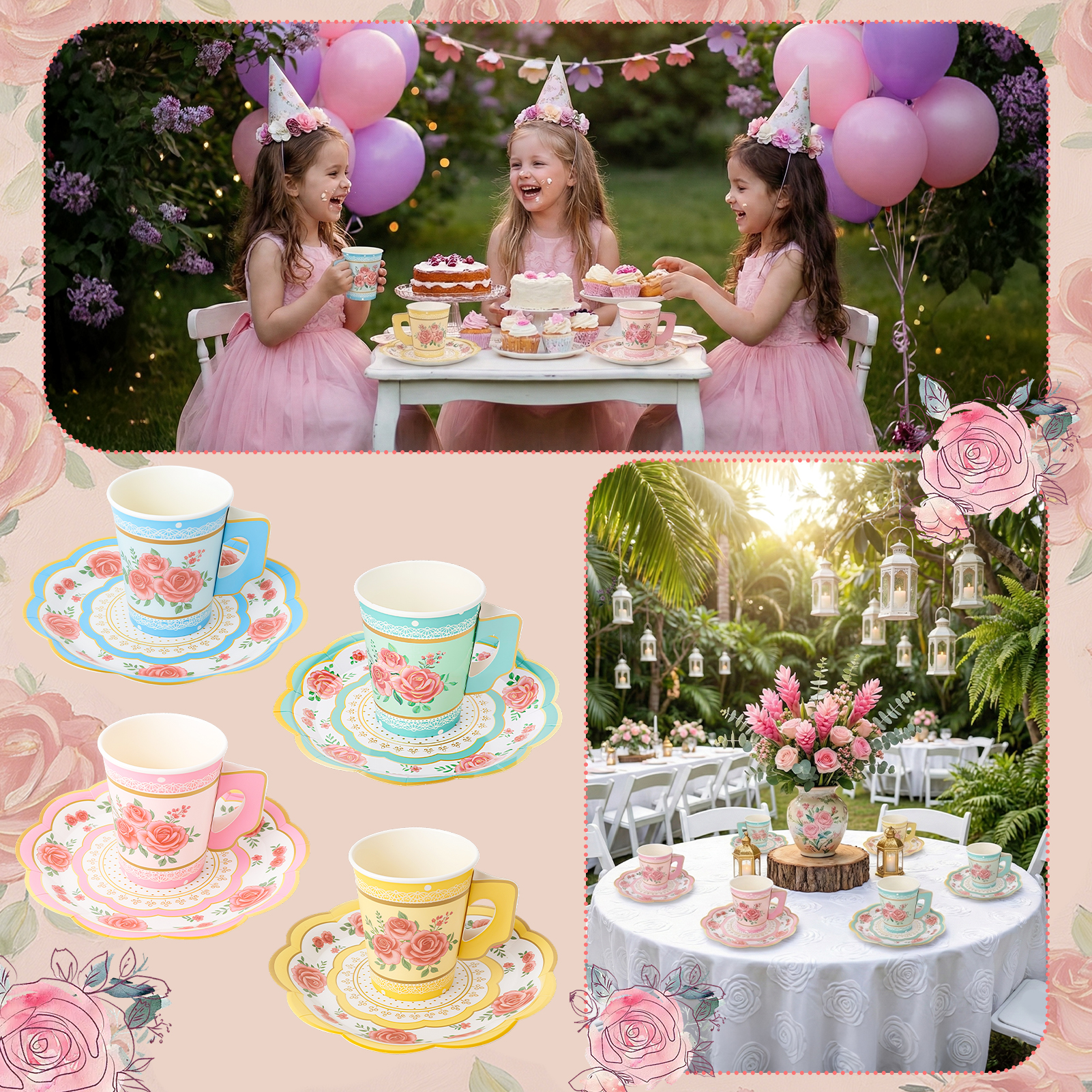 sixwipe 60 Set Disposable Paper Tea Cups and Saucers, 4 Style Floral Tea Party Supplies, 9 oz Cups and Plates with Handle for Birthday, Princess, Floral, Mother's Day, Tea Party Decorations