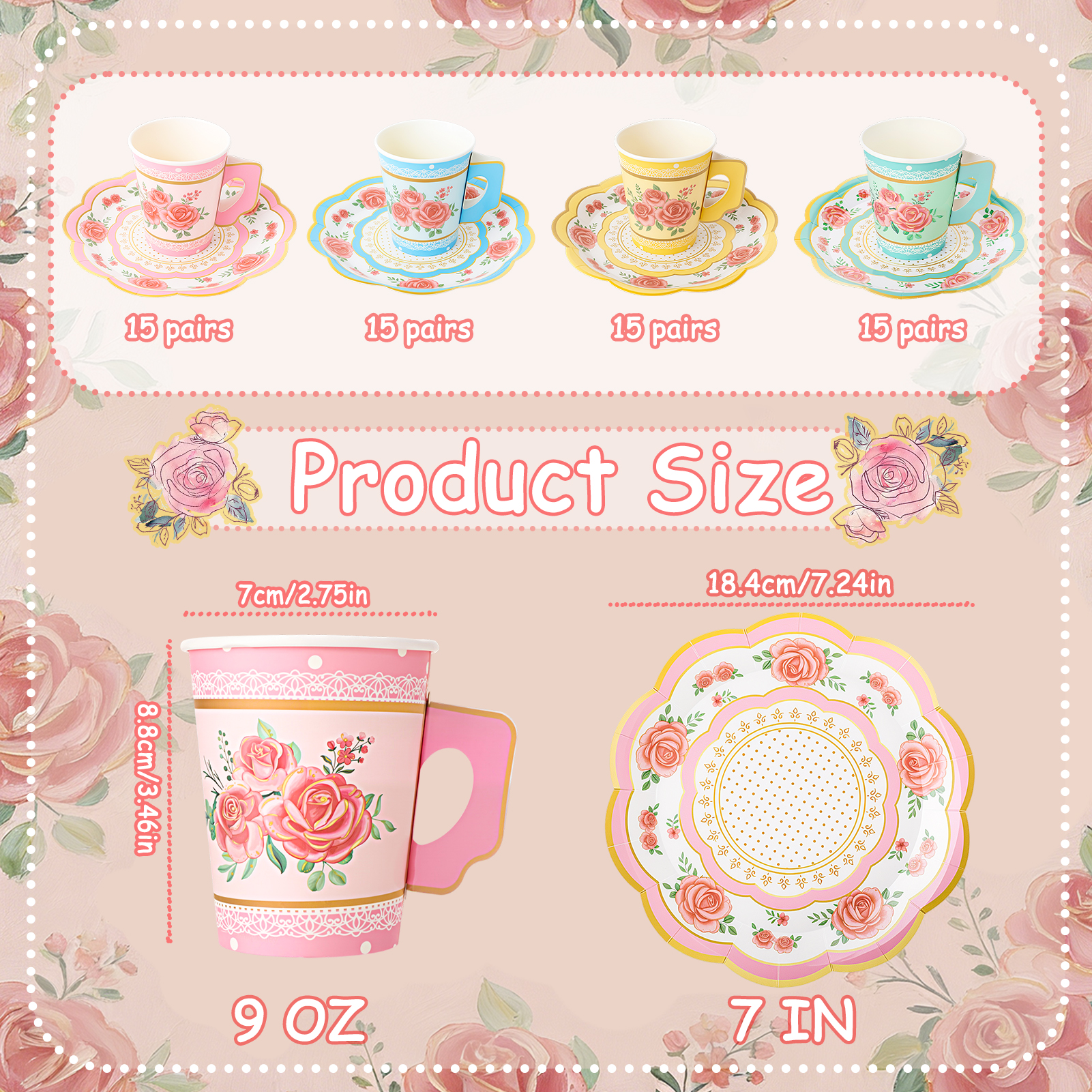 sixwipe 60 Set Disposable Paper Tea Cups and Saucers, 4 Style Floral Tea Party Supplies, 9 oz Cups and Plates with Handle for Birthday, Princess, Floral, Mother's Day, Tea Party Decorations