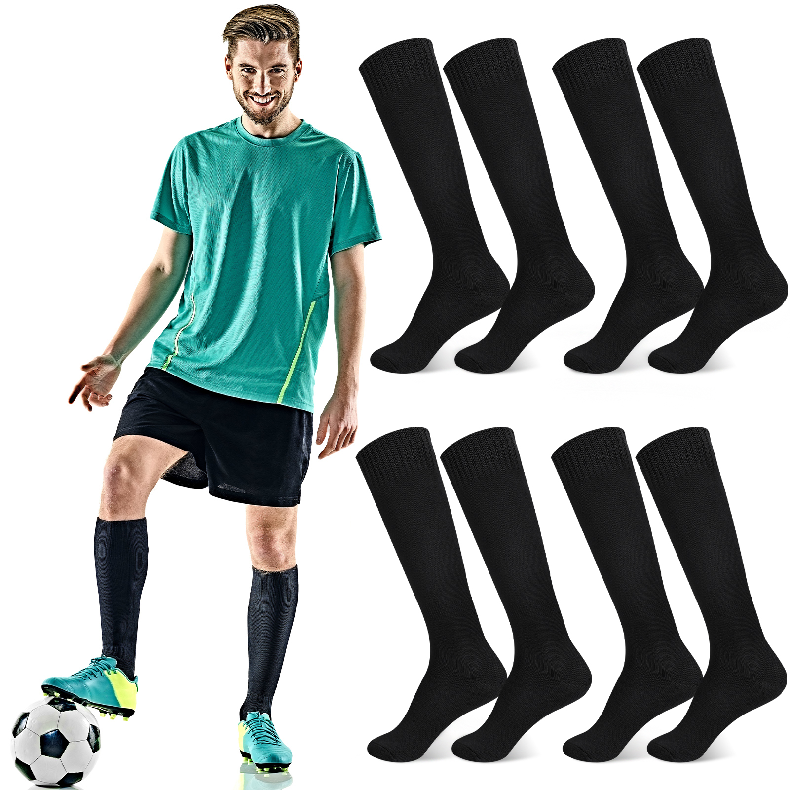 Hengguang 4 Pairs Football Socks Soccer Socks, Athletic Knee High Socks for Men Women, Black Sports Socks with Non-Slip Cuff, Medium Cushion Soccer Baseball Socks, 8in Foot Length, 14in Shaft