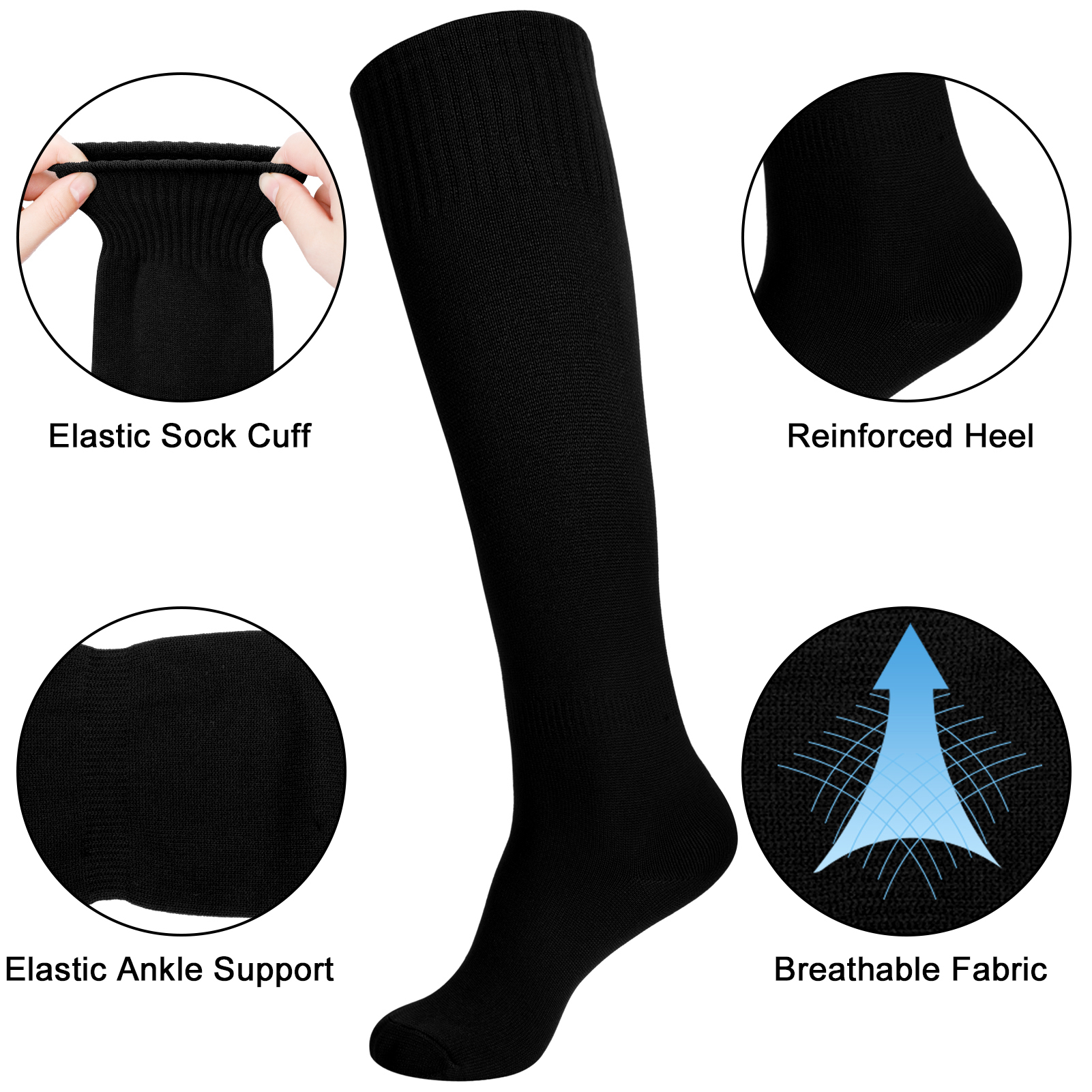 Hengguang 4 Pairs Football Socks Soccer Socks, Athletic Knee High Socks for Men Women, Black Sports Socks with Non-Slip Cuff, Medium Cushion Soccer Baseball Socks, 8in Foot Length, 14in Shaft