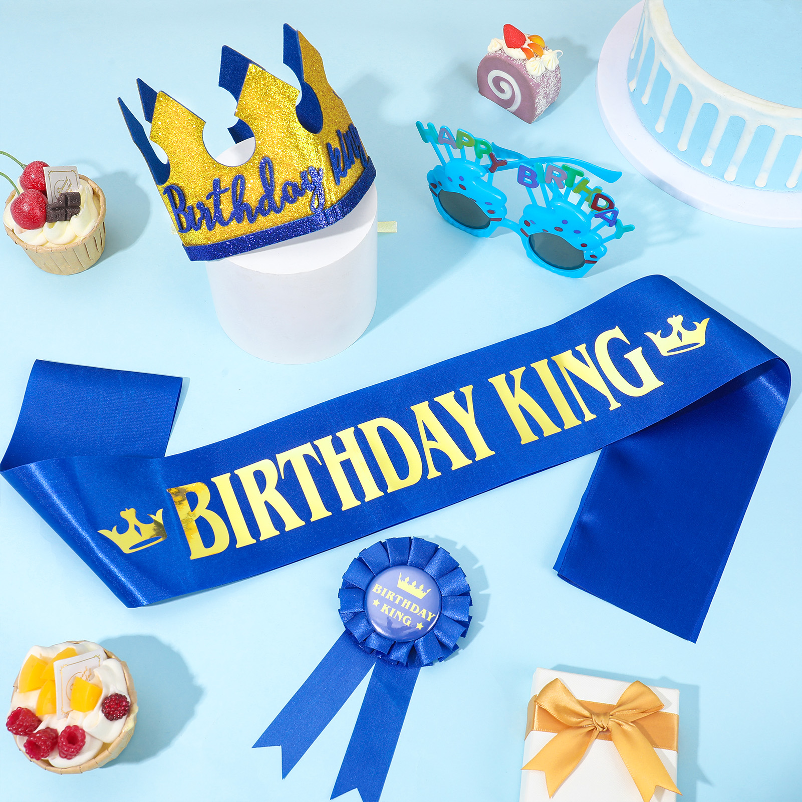 sixwipe Birthday Boy Party Dress Up Set, Glitter Sash Crown Hat Pin and Glasses, Happy Birthday King Costume Accessories, Birthday Party Favors Decorations Photo Props for Kids Men