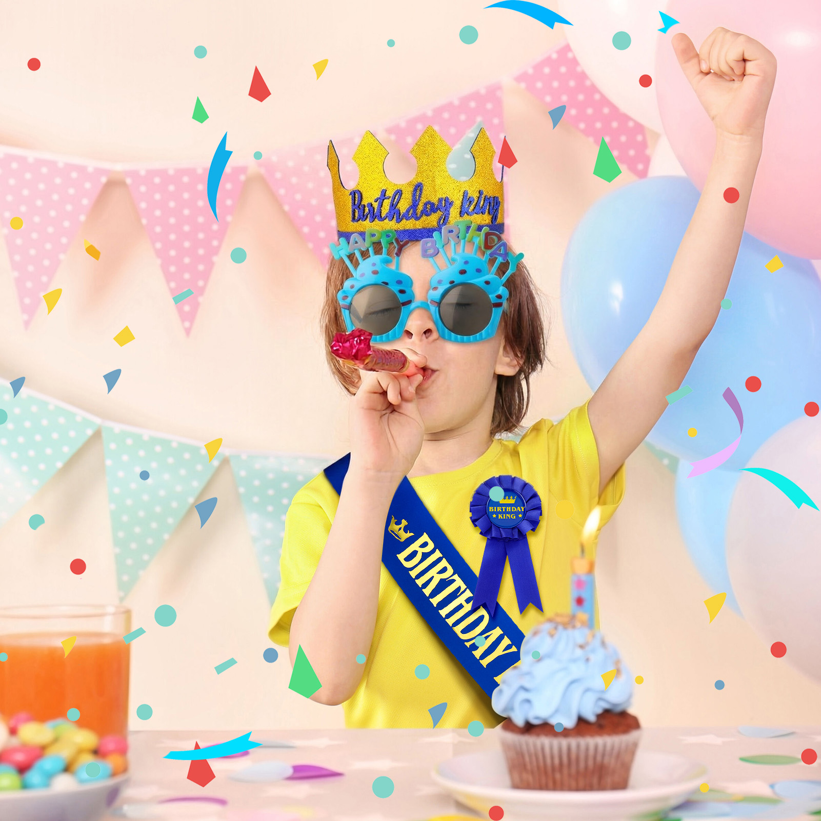 sixwipe Birthday Boy Party Dress Up Set, Glitter Sash Crown Hat Pin and Glasses, Happy Birthday King Costume Accessories, Birthday Party Favors Decorations Photo Props for Kids Men