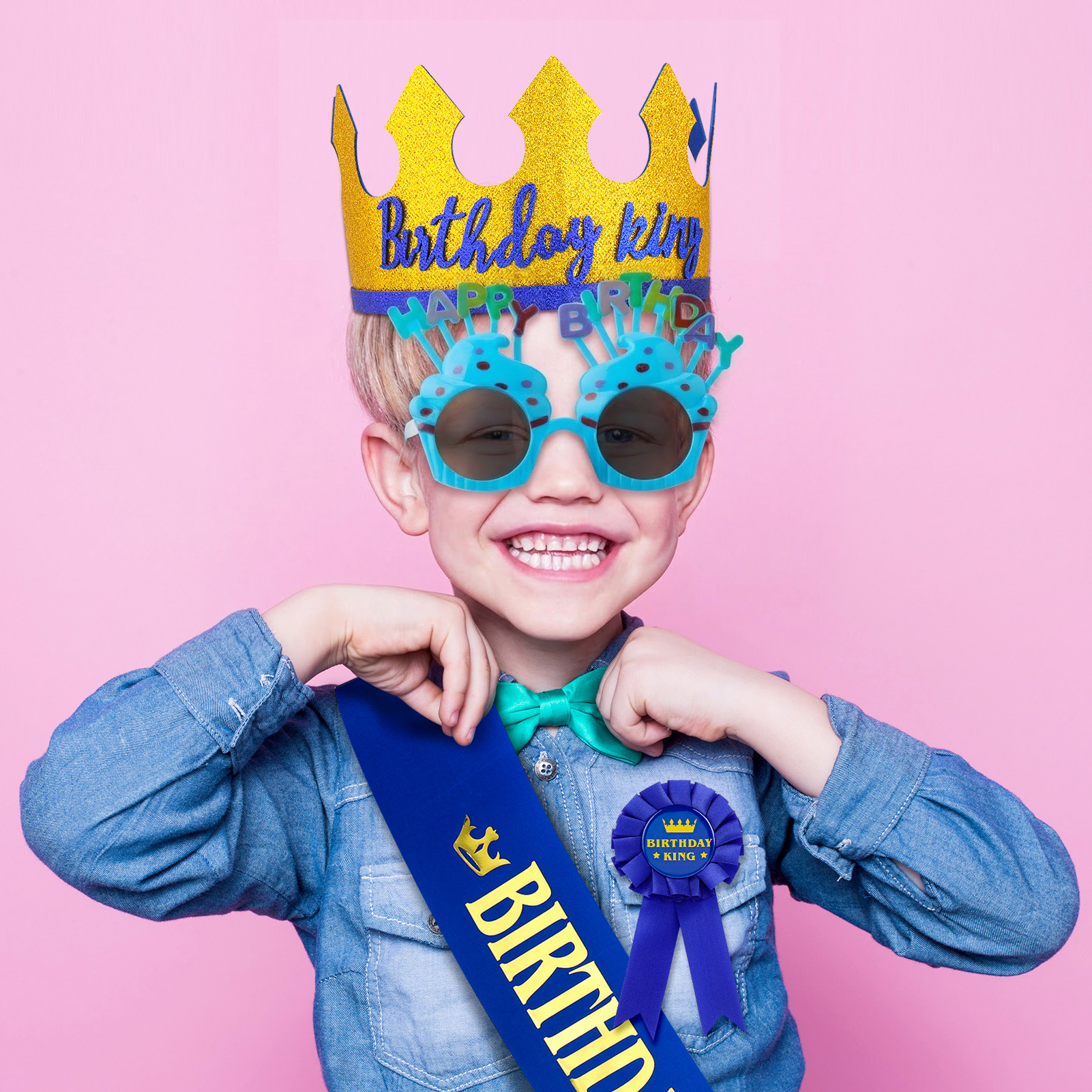 sixwipe Birthday Boy Party Dress Up Set, Glitter Sash Crown Hat Pin and Glasses, Happy Birthday King Costume Accessories, Birthday Party Favors Decorations Photo Props for Kids Men