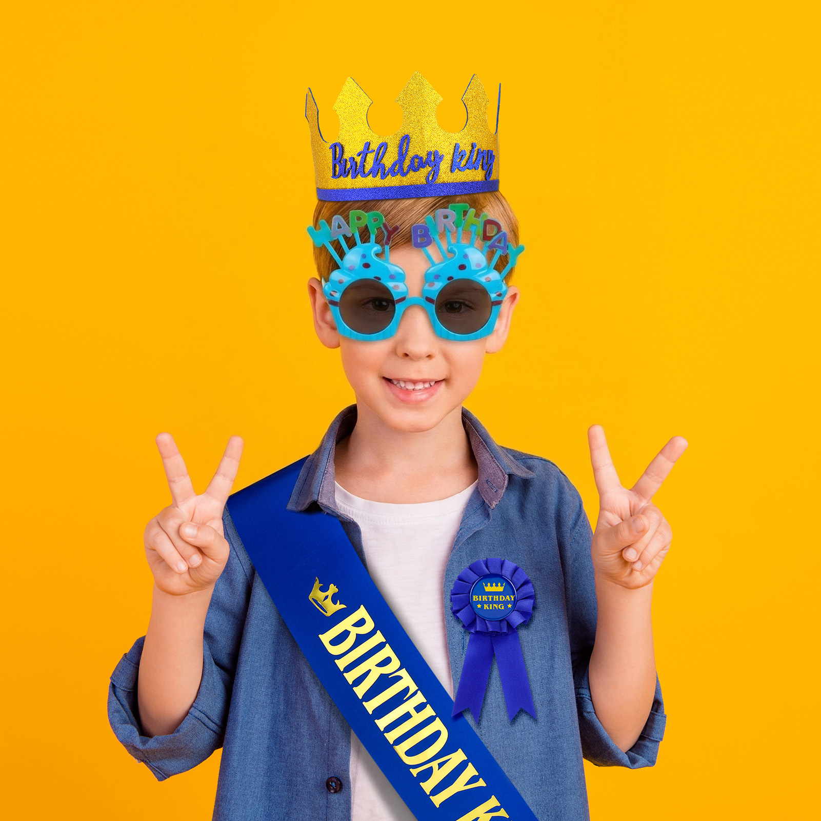 sixwipe Birthday Boy Party Dress Up Set, Glitter Sash Crown Hat Pin and Glasses, Happy Birthday King Costume Accessories, Birthday Party Favors Decorations Photo Props for Kids Men