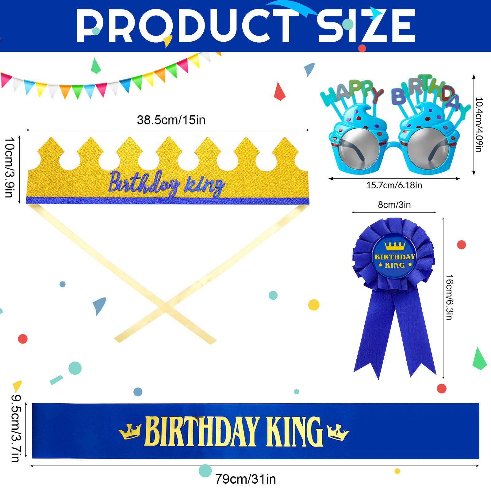 sixwipe Birthday Boy Party Dress Up Set, Glitter Sash Crown Hat Pin and Glasses, Happy Birthday King Costume Accessories, Birthday Party Favors Decorations Photo Props for Kids Men