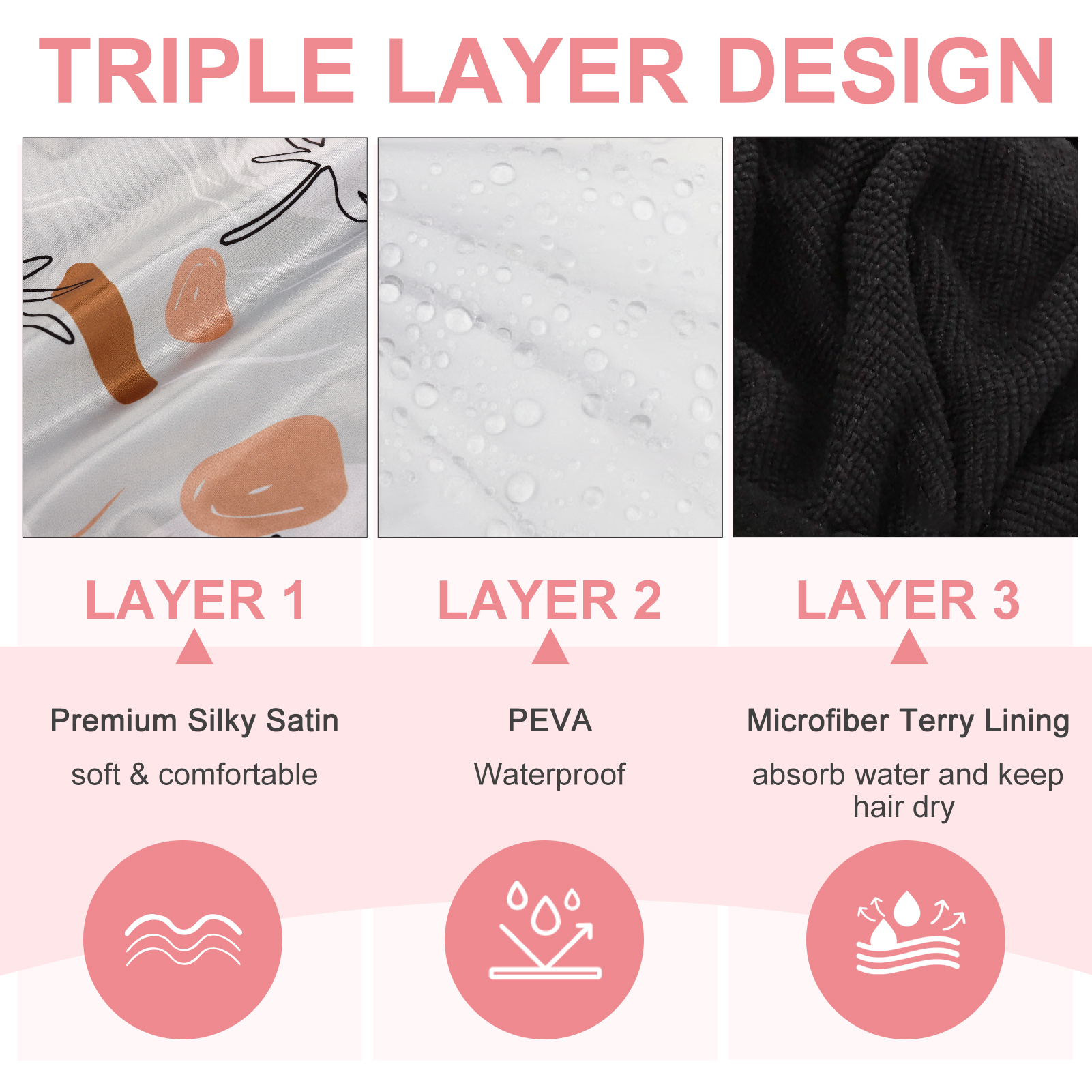 Bocaoying 3 Pcs 3 Layer Shower Caps for Women, Reusable Waterproof Spa Bonnets for Long/Curly Hair, Triple Layer Bath Caps, Blue/Pink/Grey, Large Dry Silk Satin Bonnets for Hair Treatment, Sleeping