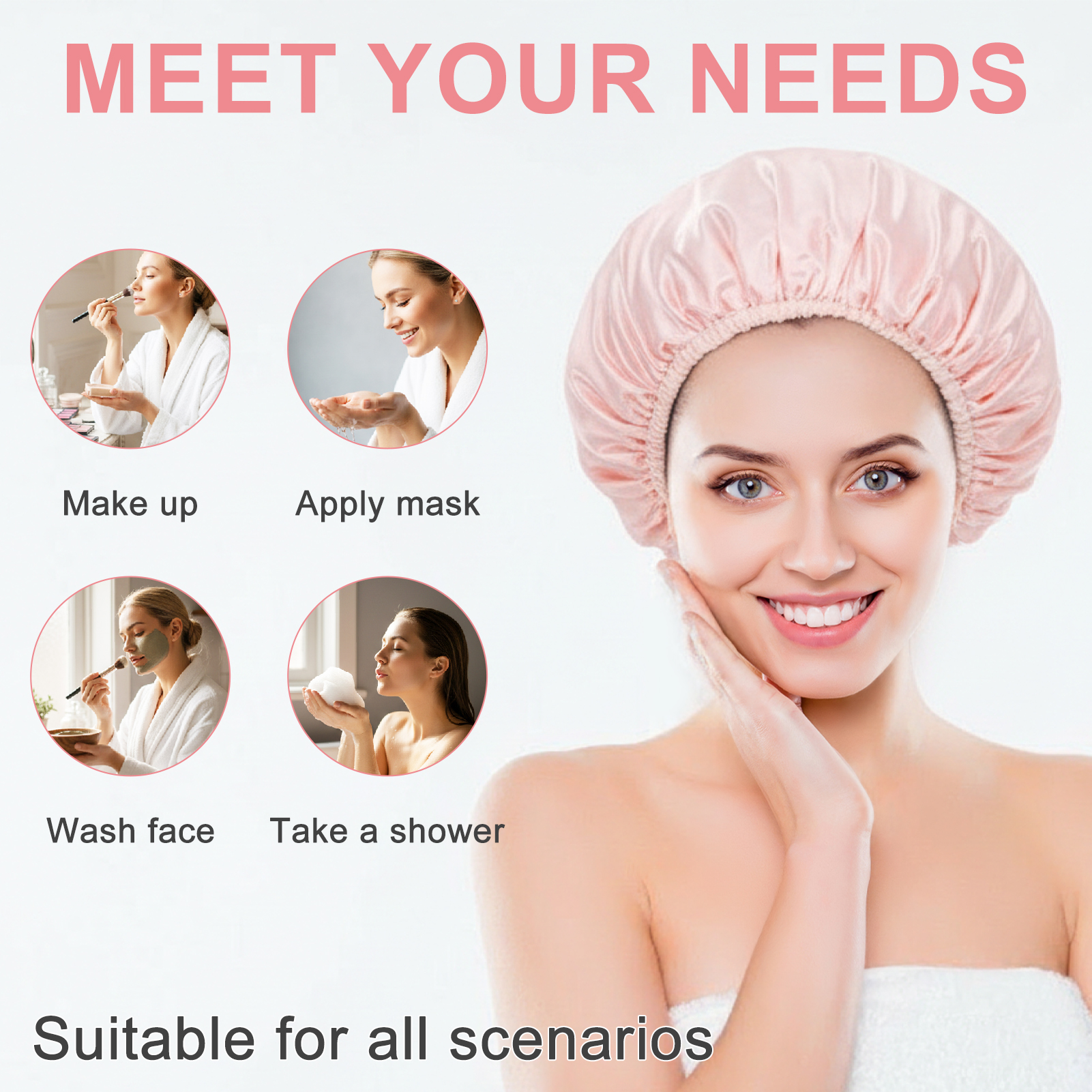 Bocaoying 3 Pcs 3 Layer Shower Caps for Women, Reusable Waterproof Spa Bonnets for Long/Curly Hair, Triple Layer Bath Caps, Blue/Pink/Grey, Large Dry Silk Satin Bonnets for Hair Treatment, Sleeping