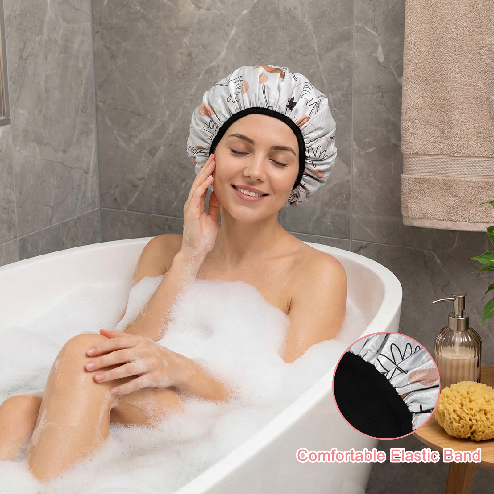 Bocaoying 3 Pcs 3 Layer Shower Caps for Women, Reusable Waterproof Spa Bonnets for Long/Curly Hair, Triple Layer Bath Caps, Blue/Pink/Grey, Large Dry Silk Satin Bonnets for Hair Treatment, Sleeping