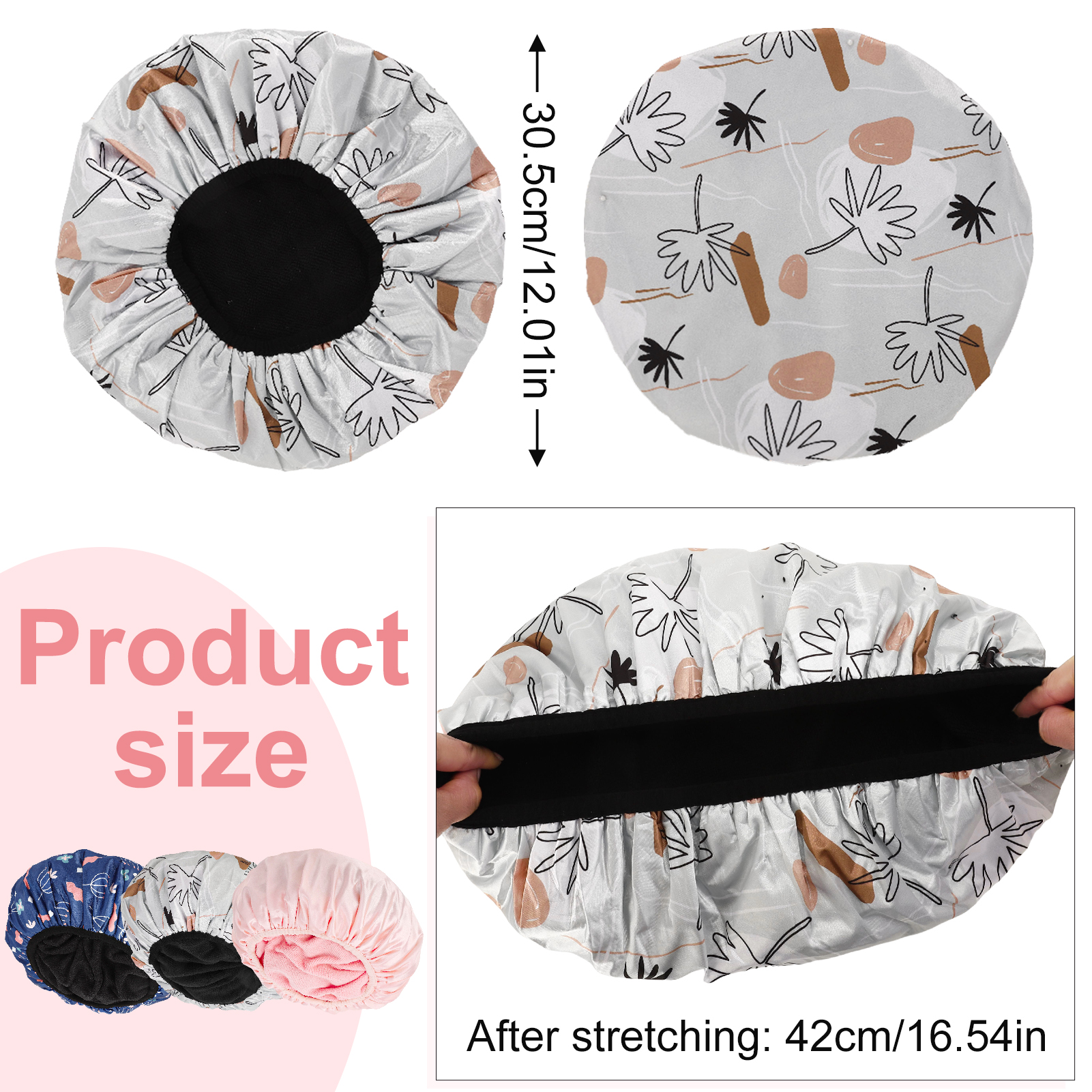 Bocaoying 3 Pcs 3 Layer Shower Caps for Women, Reusable Waterproof Spa Bonnets for Long/Curly Hair, Triple Layer Bath Caps, Blue/Pink/Grey, Large Dry Silk Satin Bonnets for Hair Treatment, Sleeping