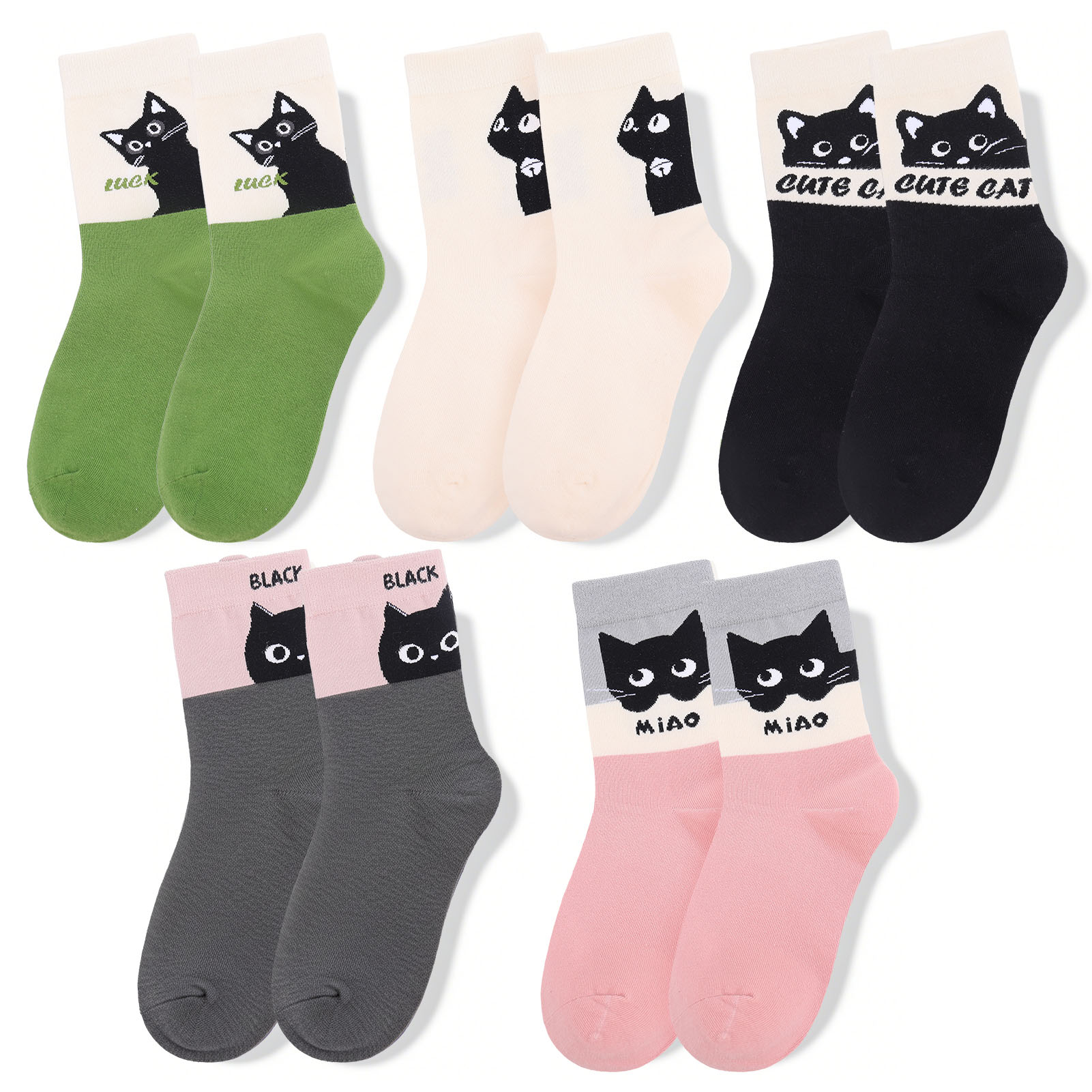 Bocaoying 5 Pairs Women's Crew Cat Socks, Seamless Toe Cat Design Cotton Ankle Socks, Medium Cushion Casual Socks for Size 5-10, Fashion Style Socks, Black/Green/Pink/Beige/Charcoal