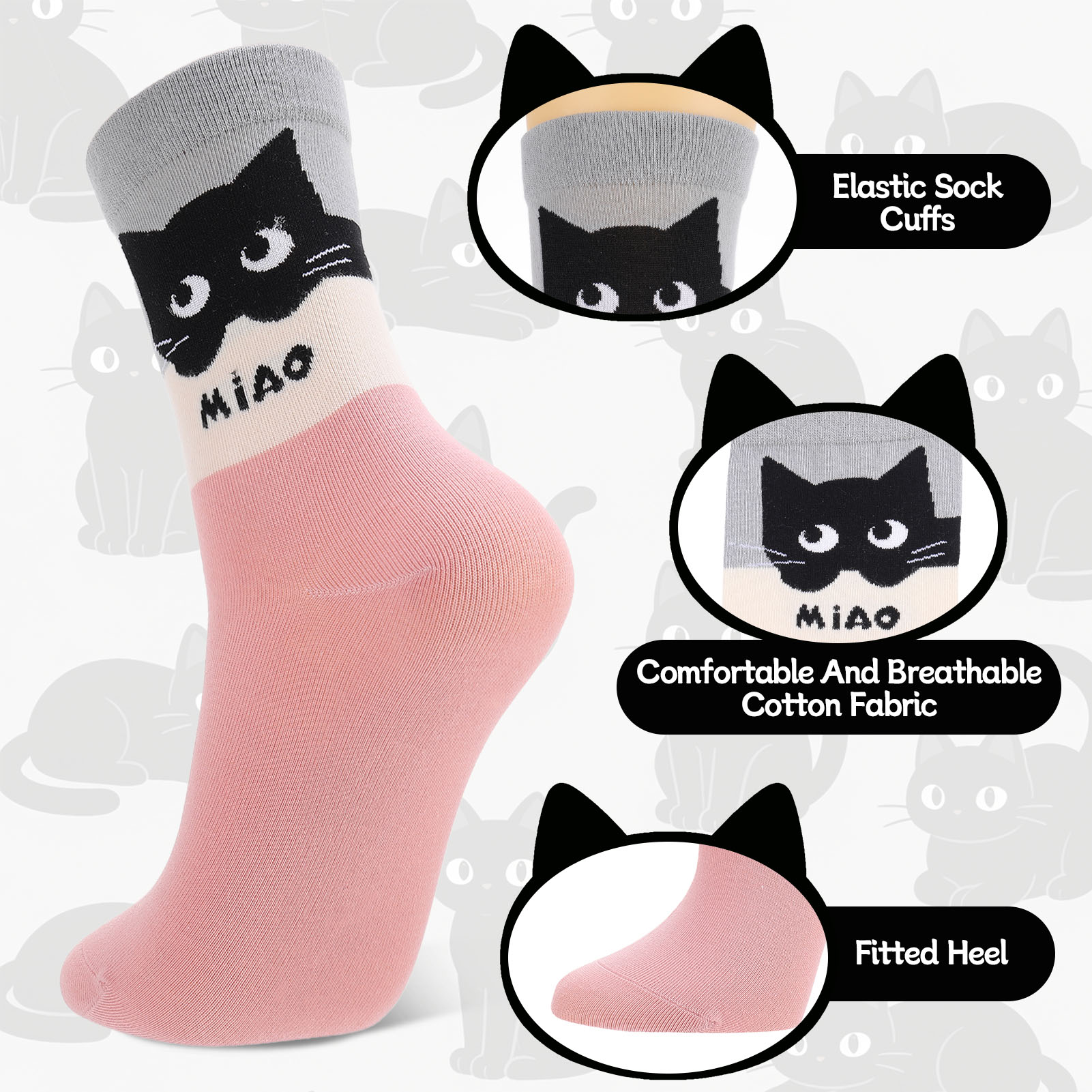 Bocaoying 5 Pairs Women's Crew Cat Socks, Seamless Toe Cat Design Cotton Ankle Socks, Medium Cushion Casual Socks for Size 5-10, Fashion Style Socks, Black/Green/Pink/Beige/Charcoal