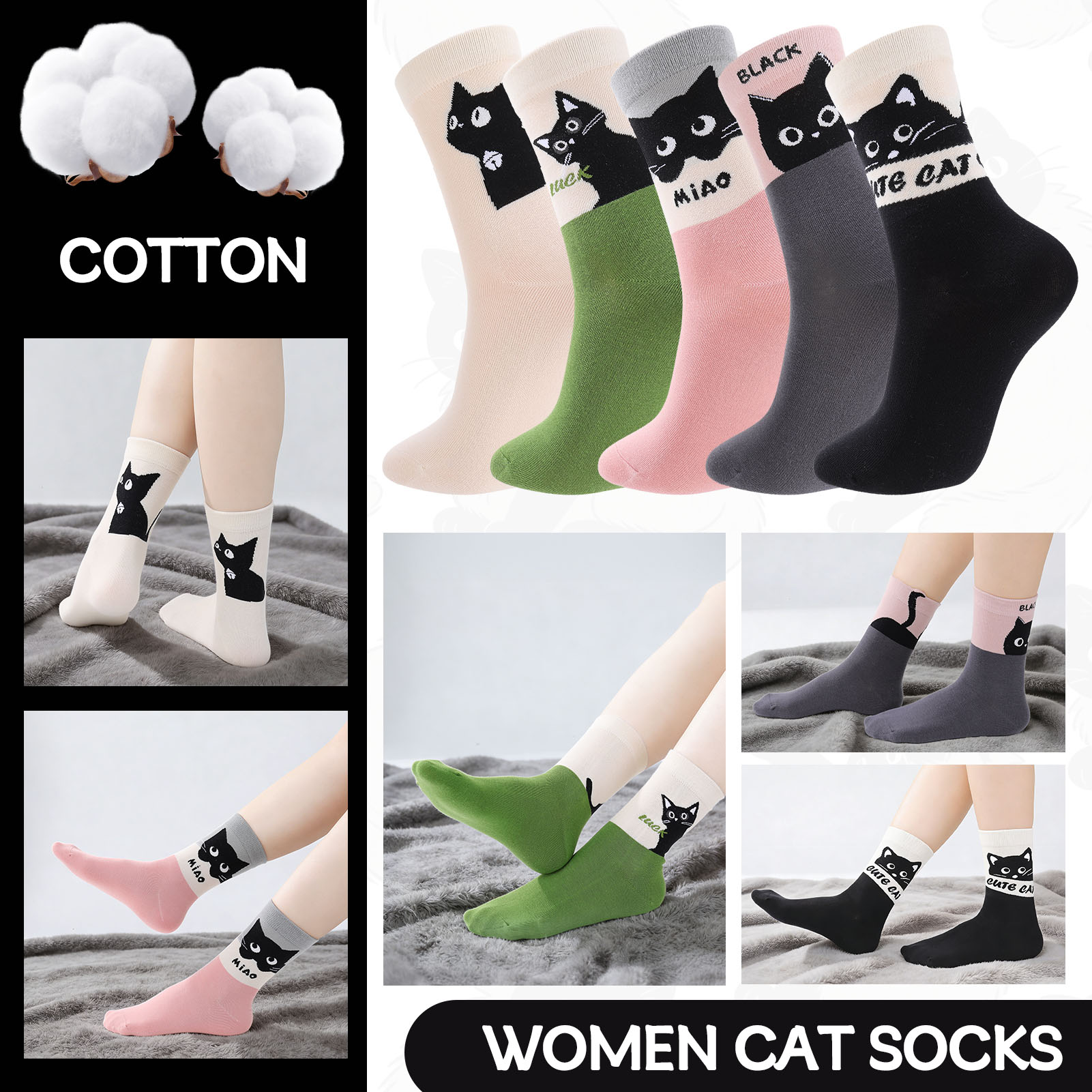 Bocaoying 5 Pairs Women's Crew Cat Socks, Seamless Toe Cat Design Cotton Ankle Socks, Medium Cushion Casual Socks for Size 5-10, Fashion Style Socks, Black/Green/Pink/Beige/Charcoal