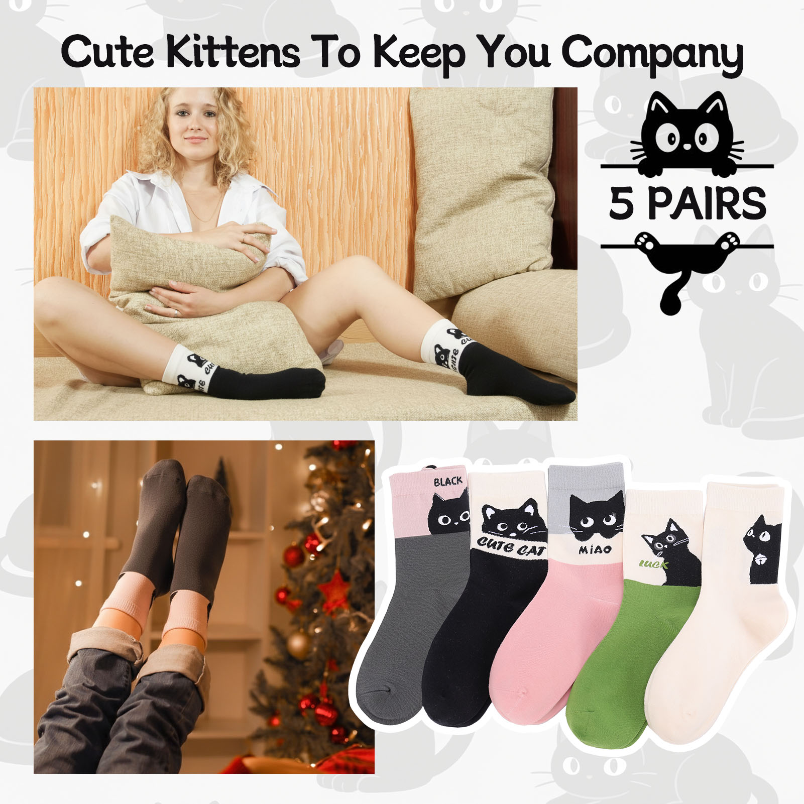 Bocaoying 5 Pairs Women's Crew Cat Socks, Seamless Toe Cat Design Cotton Ankle Socks, Medium Cushion Casual Socks for Size 5-10, Fashion Style Socks, Black/Green/Pink/Beige/Charcoal