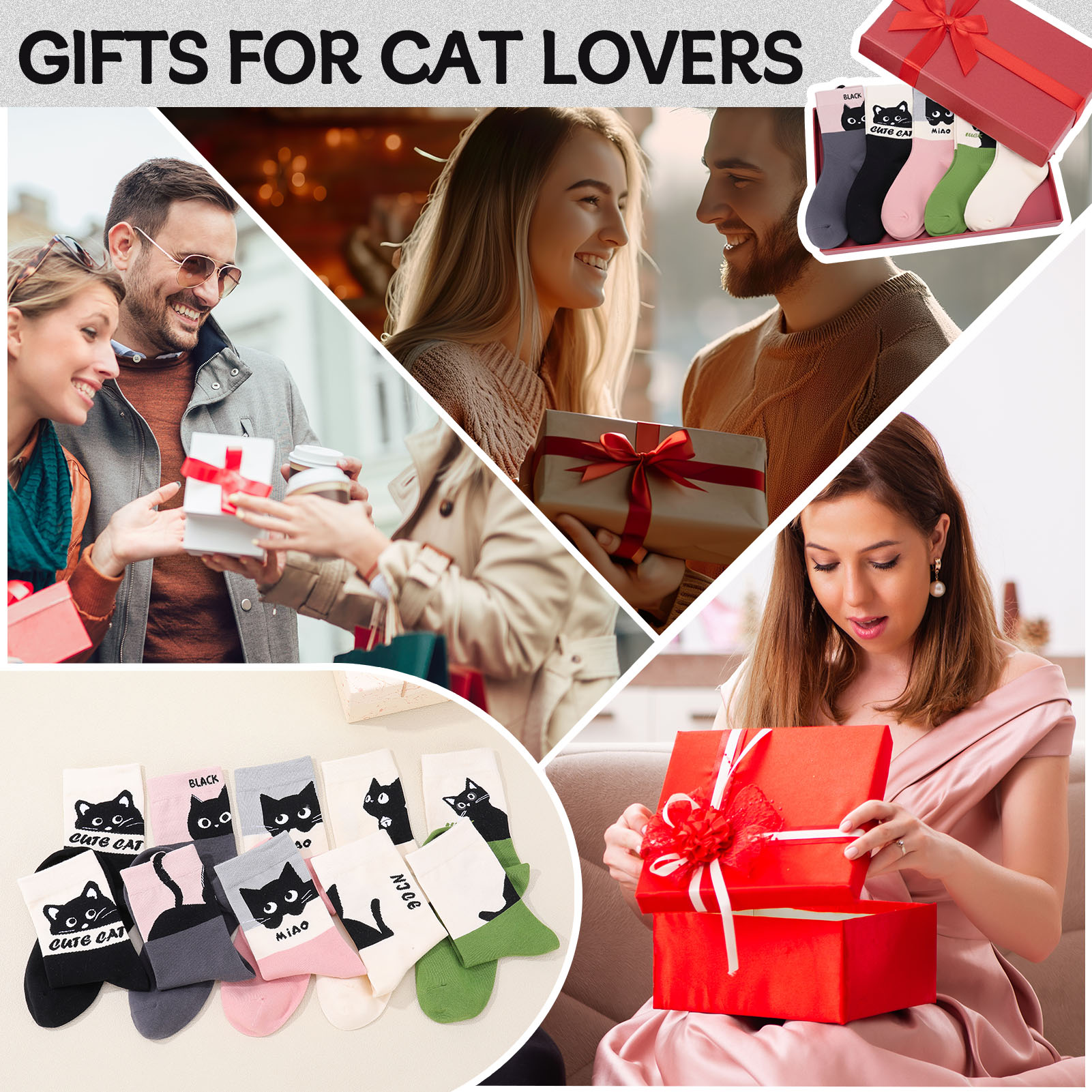 Bocaoying 5 Pairs Women's Crew Cat Socks, Seamless Toe Cat Design Cotton Ankle Socks, Medium Cushion Casual Socks for Size 5-10, Fashion Style Socks, Black/Green/Pink/Beige/Charcoal