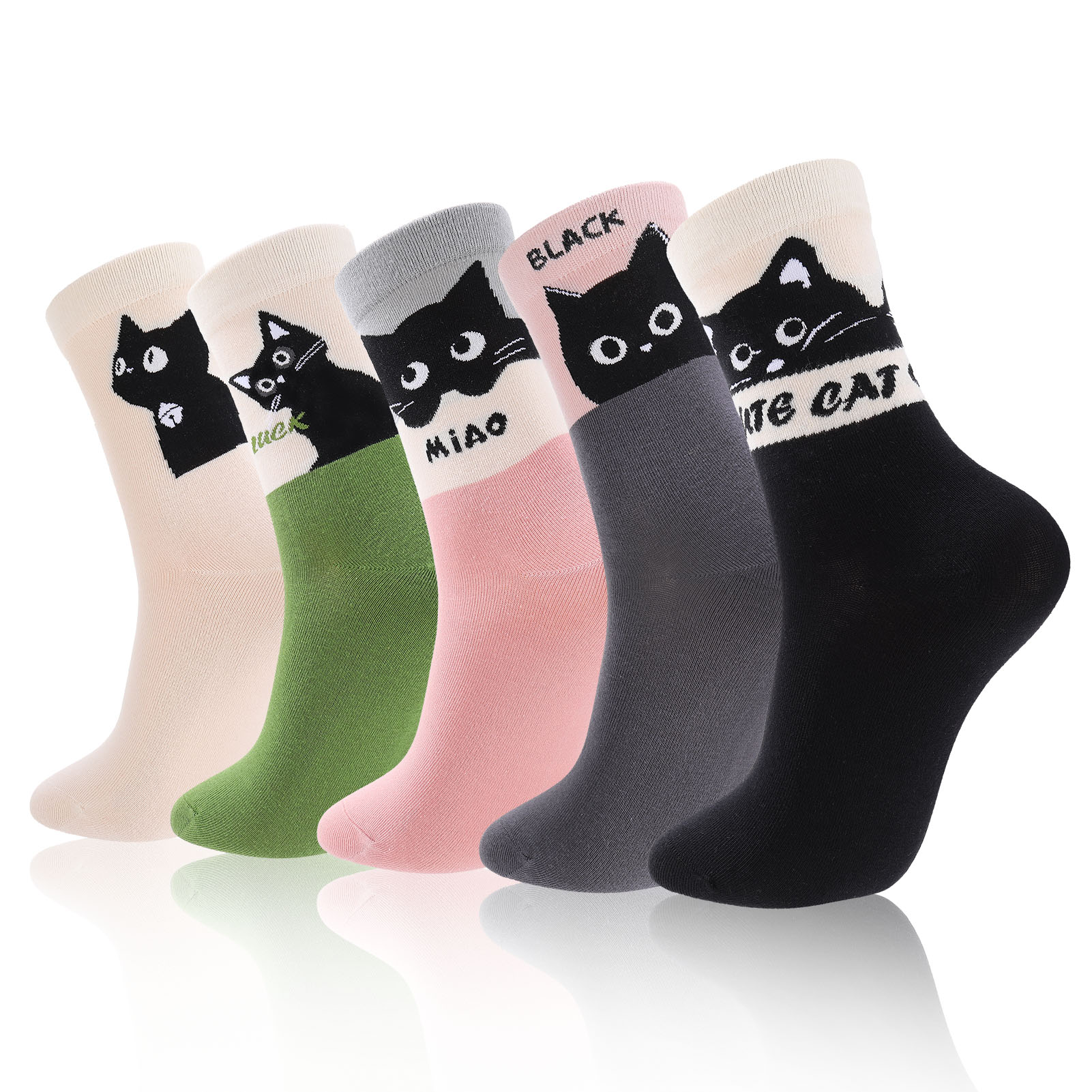Bocaoying 5 Pairs Women's Crew Cat Socks, Seamless Toe Cat Design Cotton Ankle Socks, Medium Cushion Casual Socks for Size 5-10, Fashion Style Socks, Black/Green/Pink/Beige/Charcoal