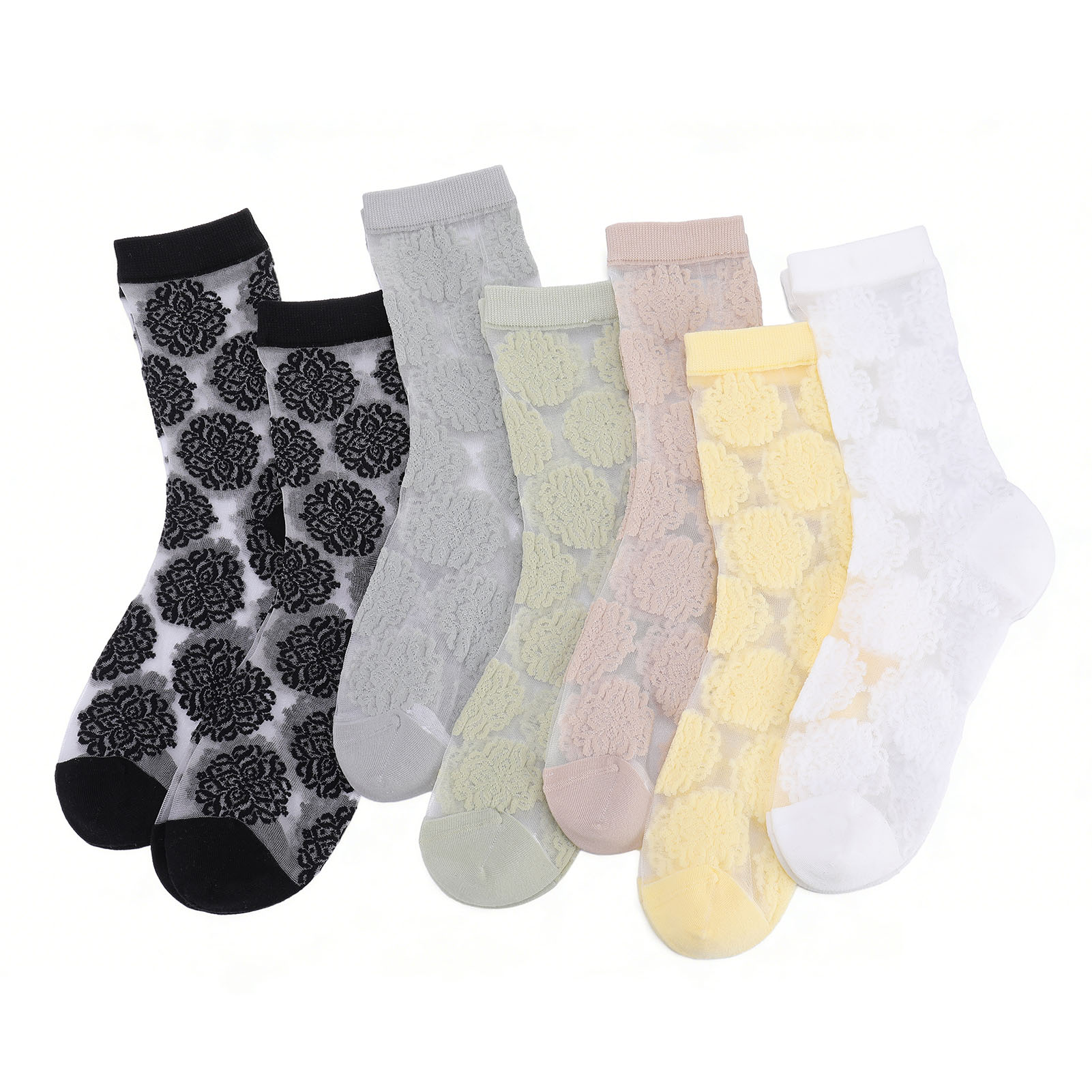 Bocaoying 7 Pairs Sheer Socks for Women, Nylon Mesh Ankle Fancy Socks with Reinforced Heel and Toe, Breathable Dress Socks for Women, Size 5-9, Black/White/Grey/Green/Yellow/Beige