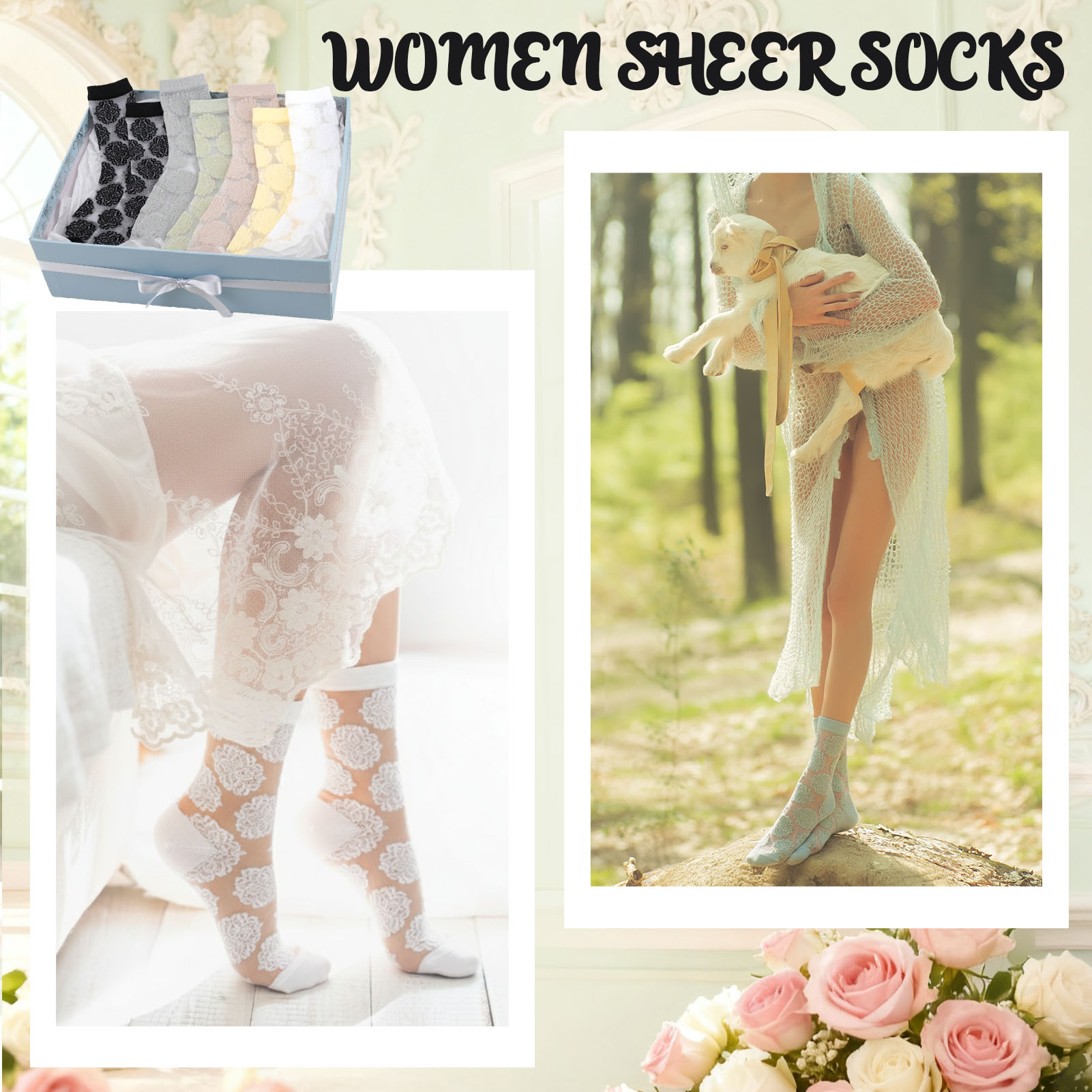 Bocaoying 7 Pairs Sheer Socks for Women, Nylon Mesh Ankle Fancy Socks with Reinforced Heel and Toe, Breathable Dress Socks for Women, Size 5-9, Black/White/Grey/Green/Yellow/Beige