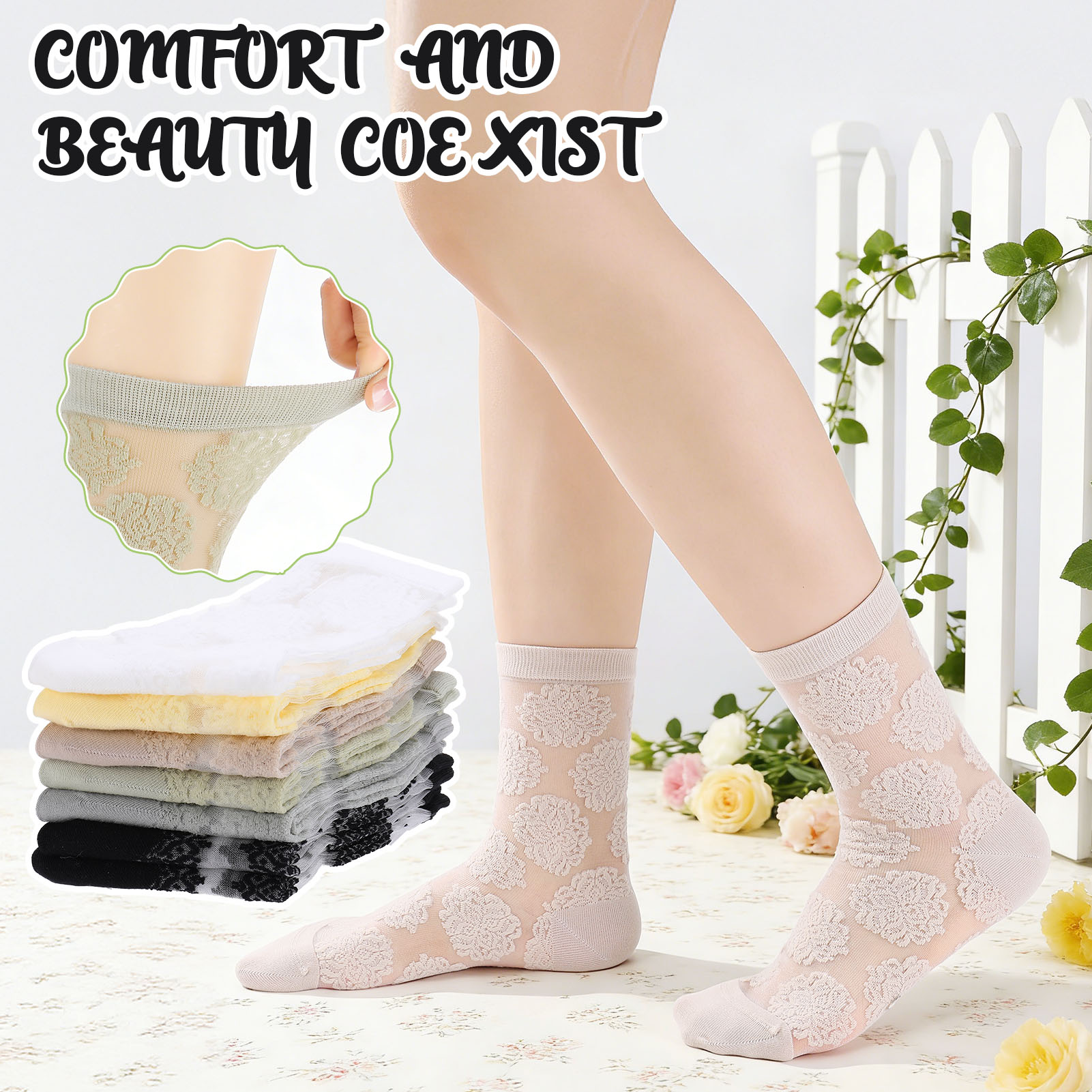 Bocaoying 7 Pairs Sheer Socks for Women, Nylon Mesh Ankle Fancy Socks with Reinforced Heel and Toe, Breathable Dress Socks for Women, Size 5-9, Black/White/Grey/Green/Yellow/Beige